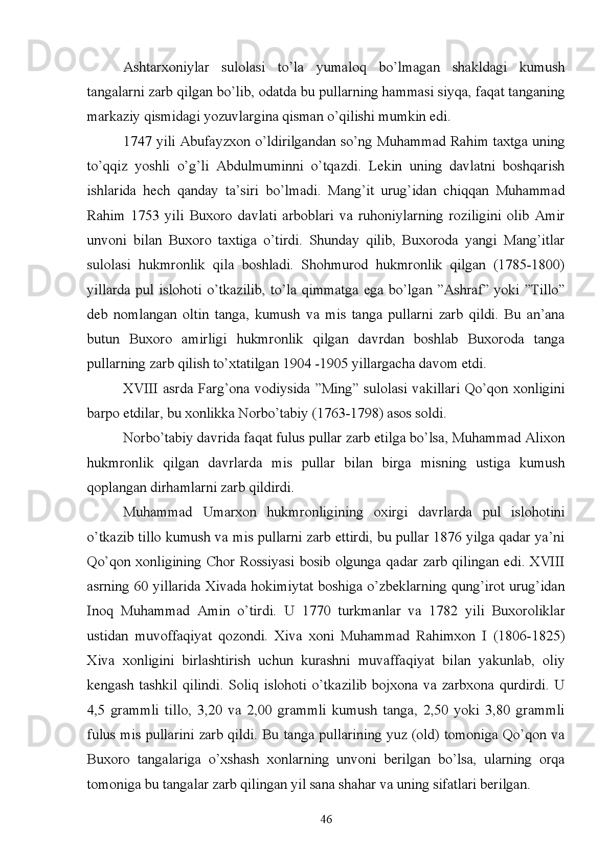Bunday   mis   pullar   faqat   Buxoroda   emas,   balki   butun   O’rta   Osiyoda   ko’p
tarqalgan. 832/1428-29 yillarda zarb qilingan pullardan bunnday ko’p topilishining
asosiy sababi, bu pullar ushbu sana bilangina zarb qilinib qolmasdan, balki undan
keyingi yillarda chiqarilgan pullarga ham 1428 yil sanasi qo’shib zarb qilinganidir.
Xuddi   shunday   pullar   Movarounnahrdagi   boshqa   shaharlarda   ham,   Xuroson,
Andigon   (Andijon),   Qarshi,   Termiz,   Samarqand   va   Shohruhiyada   ham   zarb
qilingan   bo’lsa,   keyinroq   bunday   pullarni   zarb   qilish,   asosan,   Buxoroda
markazlashtirilgan   edi.   832/1428-29   yillari   zarb   qilingan   mis   pullar   XV   asrning
oxiri   va   XVI   asrning   boshlarida   ham   savdo   muomalasida   bo’lgan.   Lekin   bu
pullarning ustiga har bir shahar o’z tamg’asini urib muomalaga chiqargan 20
. 
Shohruh   Mirzo   vafotidan   so’ng   Xuroson   hukmronligini   uning   nabirasi
G’iyosiddin Boysunqur Mirzoning o’g’li Aloud-Davla egallab olgan edi.
Shohruh Mirzoning barcha o’g’illari vafot etgan bo’lsa ham, ammo to’ng’ich
o’g’li   Ulug’bek   Mirzo   hali   hayot   edi.   U   ota   taxtiga   da’vogar   bo’lib,   o’z   o’g’li
Abdullatif Mirzoni (1428-1450 yy.) Xuroson taxtiga o’tkazish maqsadida 1448 yili
bahorda   90   ming   kishilik   qo’shin   bilan   yengilib   Mashhadga,   so’ngra   ukasi
Abdulqosim   Bobur   oldiga   Ko’changa   qochib   ketdi.   Garchi   Ulug’bek   Mirzo
g’alaba qilgan bo’lsa ham, lekin bu jang keyin Ulug’bek Mirzo bilan uning o’g’li
Abdullatif   Mirzo   o’rtasida   nizo   tug’ilishiga   sabab   bo’ldi.   Chunki   Hirotdan   14
farsax narida bo’lgan Tarnob jangida Abdullatif Mirzo jasorat ko’rsatib, g’alabani
ta’minlagan bo’lsa ham, Ulug’bek Mirzo g’alaba sha’nini sevikli o’g’li Abdulaziz
Mirzo nomiga yozilgan edi.
Undan   tashqari,   Ulug’bek   Hirotni   egallagach,   o’g’li   Abdullatif   Mirzoga
Ixtiyoriddin   qal’asiga   kirishini   man   etdi.   Bu   qal’ani   Shohruh   Mirzo   hayotlik
davrida  Abdullatif  Mirzoga in’om  qilganligidan, u bobosi  bilan 1446 yili  Isfahon
tomon   yurishga   ketayotib,   qal’aga   o’ziga   tegishli   bir   necha   ming   misqol   oltin   va
kumush   buyumlar   hamda   200   tuman   pulni   berkitib   ketgan   edi.   Ulug’bek
Mirzoning yuqoridagidek bu qal’ga kirishni man etishi Abdullatifning o’z otasiga
nisbatan noroziligini keltirib chiqargan sabablardan biri edi.
20
 T.Fayziyev. Mirzo Uiug’bek avlodlari.T.,1994.B.4.
41