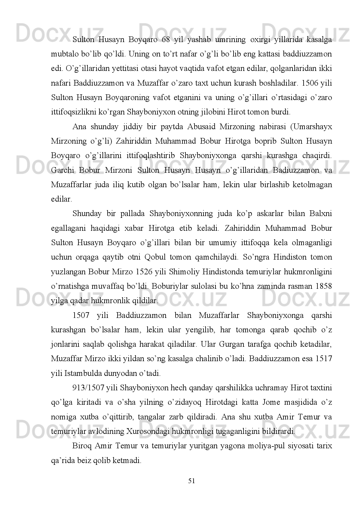 Agar   Somoniylar   sulolasi   davrida   yigirmata   shaharda   zarb   xonalar   ishlab
turgan   bo’lsa,   Qoraxoniylar   davriga   kelib   ularning   soni   40   taga   yetgan.   Amir
Temur   va   temuriylar   sulolasi   davrida   50,   shayboniylar   davrida   26   ta   zarbxonalar
mavjud.   Uch   xonlik   davrida   zarbxonalar   asosan   poytaxtga:   Buxoro,   Xiva   va
Qo’qon   shaharlariga   markazlashtirilgan   bo’lib   Toshkentda   tanga   pullar   kamdan-
kam zarb qilingan.
Padarkush   Abdullatif   Mirzo   o’z   inisi   Abdulaziz   Mirzoni   ham   qatl   ettiradi.
Lekin   ko’p   o’tmay   Abdullatif   Mirzo   Ulug’bek   Mirzoning   amirlaridan   biri   Bobo
Husayn   bahodir   tomonidan   o’ldirdi.   Padarkushning   jazosi   ana   shunday   bo’ladi,
deb uning boshini Ulug’abek madrasasining peshtoqiga osib qoydilar 22
.
Abdullatif   Mirzo   otasidan   so’ng   Samarqand   saltanatida   6   oy   hukmronlik
qilgan bo’lsa ham u o’z nomidan pul chiqarishga ulgurdi. Bu tangalarga o’z nomi
bilan birga bobosi Shohruh Mirzo nomini ham qo’shib zarb qildirdi:
Abdullatif   Mirzoning   o’limidan   so’ng   Samarqandda   arkoni   davlat
kengashiib,   Abdullo   Mirzoni   Ko’ksaroy   qamog’idan   olib   chiqdilar   va   saltanat
taxtiga   o’tkazdilar.   Abdullo   Mirzo   (1433-1451   yy.)   aslida   Ulug’bek   Mirzoning
ukasi   Ibrohim   Sultonning   (1394-1435   yy.)   o’g’li   bo’lib,   uni   Ulug’bek   Mirzo
Abdullatif   Mirzoga   qarshi   Amudaryo   qirg’og’idan   jangga   tortgan   edi.   Ana
shunday   janglarning,   birida   Abdullo   Mirzo   asirga   olinib   Ko’ksaroyga   qamalgan
edi.
Ammo Abdullo Mirzoning Samarqand taxtiga o’tirishiga qarshi bo’lgan, taxt
da’vogarlaridan Mironshoh Mirzo avlodiga mansub bo’lgan Sulton Abusaid Mirzo
unga   qarshi   isyon   ko’tardi,   lekin   mag’lub   bo’lgach,   Sirdaryoning   shimolidagi
ko’chmanchi o’zbeklar xoni Abdullayrxonga elchi yuborib yordam so’radi. 
Abdullayrxon   fursatdan   foydalanib,   Turonning   eng   boy   shaharlaridan   biri
bo’lgan   Samarqandni   bosib   olish   niyarida   o’z   qo’shinini   Sulton   Abusaid   Mirzo
qo’shini bilan birlashtirib, avval Toshkent va Xo’jandni egalladi, Mirzacho’l orqali
yurib,   Bulg’urda   Abdullo   Mirzo   qo’shiniga   ro’para   keldi.   1451   yil   iyun   oyida
Bulung’ur   dashtining   janubidagi   Sheroz   qishlog’i   yaqiniga   qonli   jang   bo’ldi.
22
  I. To’xtiyev. Amir Temur va temuriylarning moliya-pul siyosati.,T.2006.B.69-71.
47