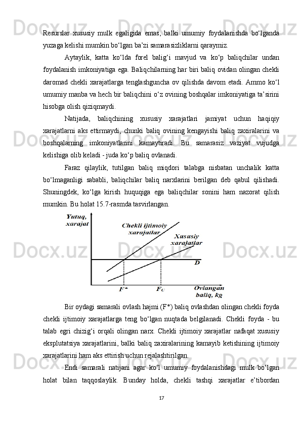 Resurslar   xususiy   mulk   egaligida   emas,   balki   umumiy   foydalanishda   bo‘lganda
yuzaga kelishi mumkin bo‘lgan ba’zi samarasizliklarni qaraymiz. 
Aytaylik,   katta   ko‘lda   forel   balig‘i   mavjud   va   ko‘p   baliqchilar   undan
foydalanish imkoniyatiga ega. Baliqchilarning har biri baliq ovidan olingan chekli
daromad chekli xarajatlarga tenglashguncha ov qilishda davom etadi. Ammo ko‘l
umumiy manba va hech bir baliqchini o‘z ovining boshqalar imkoniyatiga ta’sirini
hisobga olish qiziqmaydi.
Natijada,   baliqchining   xususiy   xarajatlari   jamiyat   uchun   haqiqiy
xarajatlarni   aks   ettirmaydi,   chunki   baliq   ovining   kengayishi   baliq   zaxiralarini   va
boshqalarning   imkoniyatlarini   kamaytiradi.   Bu   samarasiz   vaziyat   vujudga
kelishiga olib keladi - juda ko‘p baliq ovlanadi. 
Faraz   qilaylik,   tutilgan   baliq   miqdori   talabga   nisbatan   unchalik   katta
bo‘lmaganligi   sababli,   baliqchilar   baliq   narxlarini   berilgan   deb   qabul   qilishadi.
Shuningdek,   ko‘lga   kirish   huquqiga   ega   baliqchilar   sonini   ham   nazorat   qilish
mumkin.  Bu holat 15.7-rasmda tasvirlangan.
Bir oydagi samarali ovlash hajmi (F*) baliq ovlashdan olingan chekli foyda
chekli   ijtimoiy   xarajatlarga   teng   bo‘lgan   nuqtada   belgilanadi.   Chekli   foyda   -   bu
talab   egri   chizig‘i   orqali   olingan   narx.   Chekli   ijtimoiy   xarajatlar   nafaqat   xususiy
eksplutatsiya   xarajatlarini,  balki  baliq  zaxiralarining  kamayib  ketishining  ijtimoiy
xarajatlarini ham aks ettirish uchun rejalashtirilgan. 
Endi   samarali   natijani   agar   ko‘l   umumiy   foydalanishdagi   mulk   bo‘lgan
holat   bilan   taqqoslaylik.   Bunday   holda,   chekli   tashqi   xarajatlar   e’tibordan
17 