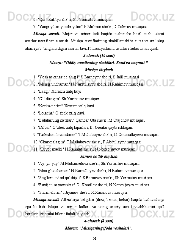 6. "Qor" Zulfiya she`ri, Sh.Yormatov musiqasi.
7. "Yangi yilim-yaxshi yilim" P.Mo`min she`ri, D.Zokirov musiqasi.
Musiqa   savodi.   Major   va   minor   ladi   haqida   tushuncha   hosil   etish,   ularni
asarlar   tavsifidan   ajratish.   Musiqa   tavsiflarining   shakillanishida   surat   va   usulning
ahamiyati.Tinglanadigan asarlar tavsif hususiyatlarini usullar ifodasida aniqlash.
3-chorak (10 soat)
Mavzu: "Oddiy musikaning shakllari. Band va naqorat."
Musiqa tinglash
1. "Yosh askarlar qo`shig`i" S.Barnoyev she`ri, S.Jalil musiqasi
2. "Men g`unchaman" N.Narzullayev she`ri, H.Rahimov musiqasi
3. "Lazgi" Xorazm xalq kuyi.
4. "G`ildiragim" Sh.Yormatov musiqasi.
5. "Norim-norim" Xorazm xalq kuyi.
6. "Lolacha" O`zbek xalq kuyi.
7. "Bolalarning ko`zlari" Qambar Ota she`ri, M.Otajonov musiqasi.
8. "Dilbar" O`zbek xalq laparlari, B. Gienko qayta ishlagan.
9."Turkiston farzandimiz" T.Mullaboyev she`ri, D.Omonullayeva musiqasi.
10 "Charxpalagim" T.Mullaboyev she`ri, P.Abdullayev musiqasi
11. "Diyor madhi" H.Rahmat she`ri, N.Norxo`jayev musiqasi.
Jamoa bo`lib kuylash
1. "Ay, ya-yay" M.Muhamedova she`ri, Sh.Yormatov musiqasi.
2. "Men g`unchaman" N.Narzullayev she`ri, H.Rahimov musiqasi.
3. "Sog`lom avlod qo`shig`i" S.Barnoyev she`ri, Sh.Yormatov musiqasi.
4. "Buvijonim yaxshisiz" G`.Komilov she`ri, N.Norxo`jayev musiqasi.
5. "Shirin-shirin" I.Jiyanov she`ri, X.Xasanova musiqasi.
Musiqa savodi.   Alteratsiya belgilari (diez, bemol, bekar) haqida tushunchaga
ega   bo`lish.   Major   va   minor   ladlari   va   uning   asosiy   uch   tovushliklarini   qo`l
harakati ishoralai bilan ifodali kuylash
4-chorak (8 soat)
Mavzu: "Musiqaning ifoda vositalari".
51 