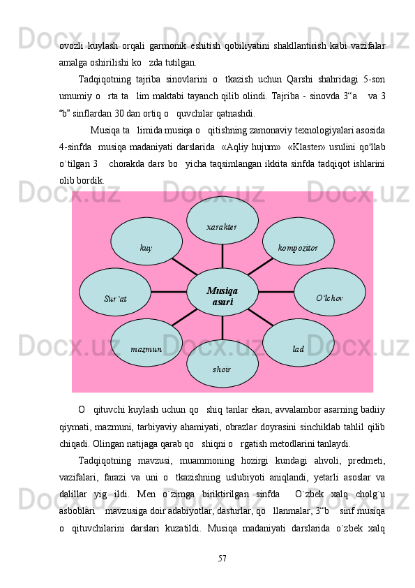 ovozli   kuylash   orqali   garmonik   eshitish   qobiliyatini   shakllantirish   kabi   vazifalar
amalga oshirilishi ko zda tutilgan. 
Tadqiqotning   tajriba   sinovlarini   o tkazish   uchun   Qarshi   shahridagi   5-son	

umumiy o rta ta lim  maktabi tayanch qilib olindi. Tajriba	
    -   sinovda   3 “ a  	 va 3
b  	
  sinflardan  30  dan ortiq o quvchilar	  qatnashdi.
Musiqa ta limida musiqa o qitishning zamonaviy texnologiyalari asosida	
 
4-sinfda   musiqa  madaniyati darslarida    «Aqliy hujum»     «Klaster» usulini  qo'llab
o`tilgan 3  chorakda dars bo yicha taqsimlangan ikkita sinfda tadqiqot ishlarini	
 
olib bordik.
    O qituvchi kuylash uchun qo shiq tanlar ekan, avvalambor asarning badiiy	
 
qiymati,  mazmuni,   tarbiyaviy   ahamiyati,   obrazlar   doyrasini   sinchiklab   tahlil   qilib
chiqadi. Olingan natijaga qarab qo shiqni o rgatish metodlarini tanlaydi.	
 
Tadqiqotning   mavzusi,   muammoning   hozirgi   kundagi   ahvoli,   predmeti,
vazifalari,   farazi   va   uni   o tkazishning   uslubiyoti   aniqlandi,   yetarli   asoslar   va	

dalillar   yig ildi.   Men   o`zimga   biriktirilgan   sinfda   O`zbek   xalq   cholg`u	
 
asboblari  mavzusiga doir adabiyotlar, dasturlar, qo llanmalar, 3“b  sinf musiqa	
  
o qituvchilarini   darslari   kuzatildi.   Musiqa   madaniyati   darslarida   o`zbek   xalq	
 kuy
Sur`at
mazmun
shoir lad O`lchovkompozitorxarakter
Musiqa 
asari
57 