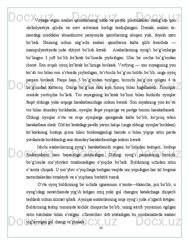           Voyaga   etgan   asalari   qanotlarining   ustki   va   pastki   plastinkalari   oralig’ida   qon
stirkulyastiya   qilishi   va   nerv   sistemasi   borligi   tasdiqlangan.   Demak,   asalari   ta-
nasidagi   moddalar   almashinuvi   jarayonida   qanotlarning   aloqasi   yuk,   deyish   xato
bo’ladi.   Shuning   uchun   urg’ochi   asalari   qanotlarini   kalta   qilib   kesishda   —
manipulyastiyada   juda   ehtiyot   bo’lish   kerak.       Asalarilarning   oyog’i   bo’g’imlarga
bo’lingan   3   juft   bo’lib   ko’krak   bo’limida   joylashgan.   Ular   bir   necha   bo’g’imdan
iborat.  Son  orqali   oyoq  ko’krak  bo’limiga   birikadi.  Vertlyug  —  son  suyagining   yon
ko’sti  tos bilan son o’rtasida joylashgan;  to’rtinchi bo’g’im boldir bo’lib, unga oyoq
panjasi   birikadi.   Panja   ham   5   bo’g’imdan   tuzilgan,   birinchi   bo’g’imi   qolgan   4   ta
bo’g’imdan   kattaroq.   Oxirgi   bo’g’imi   ikki   ayri   tirnoq   bilan   tugallanadi.   Tirnoqlar
orasida   yostiqcha   bo’ladi.   Tos   suyagining   ko’krak   bo’limi   bilan   birikishi   oyoqlar
faqat   oldinga   yoki   orqaga   harakatlanishiga   imkon   beradi.   Son   suyakning   yon   ko’sti
tos bilan shunday birikkanki, oyoqlar  faqat yuqoriga va pastga tomon harakatlanadi.
Oldingi   oyoqlar   o’rta   va   orqa   oyoqlarga   qaraganda   kalta   bo’lib,   ko’proq   erkin
harakatlana oladi. Old ko’krakdagi pastki yarim halqa (unga oldingi oyoqlar birikkan)
ko’krakning   boshqa   qismi   bilan   birikmaganligi   hamda   u   bilan   yupqa   xitin   parda
yordamida birikkanligi ana shunday harakatlanishga imkon beradi.
            Ishchi   asalarilarning   oyog’i   harakatlanish   organi   bo’lishidan   tashqari,   boshqa
funksiyalarni   ham   bajarishga   moslashgan.   Oldingi   oyog’i   panjasining   birinchi
bo’g’imida   mo’ylovlari   tozalanadigan   o’yiqcha   bo’ladi.   Boldirning   uchidan   xitin
o’simta chiqadi. U mo’ylov o’yiqchaga tushgan vaqtda uni yopishgan har xil begona
zarrachalardan tozalaydi va o’yiqchani berkitib turadi.
              O’rta   oyoq   boldirining   bir   uchida   ignasimon   o’simta—tikancha,   pix   bo’lib,   u
oyog’idagi   savatchasida   yig’ib   kelgan   oziq   yoki   gul   changini   katakchaga   chiqarib
tashlash uchun xizmat qiladi. Ayniqsa asalarilarning orqa oyog’i juda o’zgarib ketgan.
Boldirining  tashqi   tomonida kichik  chuqurcha bo’lib, uning  atrofi  yoysimon  egilgan
xitin   tukchalar   bilan   o’ralgan.   «Savatcha»   deb   ataladigan   bu   moslamalarda   asalari
yig’ayotgan gul changi to’planadi.
25 