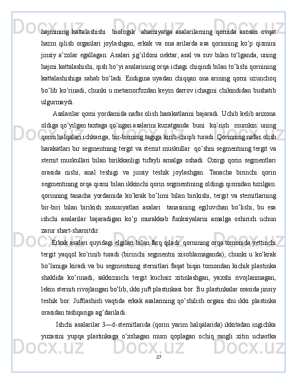 hajmining   kattalashishi     biologik     ahamiyatga   asalarilarning   qornida   asosan   ovqat
hazm   qilish   organlari   joylashgan,   erkak   va   ona   arilarda   asa   qorinning   ko’p   qismini
jinsiy   a’zolar   egallagan.   Asalari   jig’ildoni   nektar,  asal   va  suv   bilan   to’lganda,   uning
hajmi kattalashishi, qish bo’yi asalarining orqa ichagi chiqindi bilan to’lishi qornining
kattalashishiga   sabab   bo’ladi.   Endigina   uyadan   chiqqan   ona   arining   qorni   uzunchoq
bo’lib ko’rinadi, chunki u metamorfozdan keyin darrov ichagini chikindidan bushatib
ulgurmaydi.
      Asalarilar qorni yordamida nafas olish harakatlarini bajaradi. Uchib kelib arixona
oldiga qo’yilgan taxtaga qo’ngan asalarini kuzatganda  buni   ko’rish   mumkin: uning
qorin halqalari ichkariga, bir-birining tagiga kirib-chiqib turadi. Qorinning nafas olish
harakatlari bir segmentning tergit va sternit muskullar   qo’shni segmentning tergit va
sternit   muskullari   bilan   birikkanligi   tufayli   amalga   oshadi.   Oxirgi   qorin   segmentlari
orasida   nishi,   anal   teshigi   va   jinsiy   teshik   joylashgan.   Tanacha   birinchi   qorin
segmentining orqa qismi bilan ikkinchi qorin segmentining oldingi qismidan tuzilgan.
qorinning   tanacha   yordamida   ko’krak   bo’limi   bilan   birikishi,   tergit   va   sternitlarning
bir-biri   bilan   birikish   xususiyatlari   asalari     tanasining   egiluvchan   bo’lishi,   bu   esa
ishchi   asalarilar   bajaradigan   ko’p   murakkab   funksiyalarni   amalga   oshirish   uchun
zarur shart-sharoitdir.
      Erkak asalari quyidagi elgilari bilan farq qiladi: qornining orqa tomonida yettinchi
tergit   yaqqol   ko’rinib   turadi   (birinchi   segmentni   xisoblamaganda),   chunki   u   ko’krak
bo’limiga kiradi va bu segmentning sternitlari faqat biqin tomondan kichik plastinka
shaklida   ko’rinadi,   sakkizinchi   tergit   kuchsiz   xitinlashgan,   yaxshi   rivojlanmagan,
lekin sterniti rivojlangan bo’lib, ikki juft plastinkasi bor. Bu plastinkalar orasida jinsiy
teshik   bor.   Juftlashish   vaqtida   erkak   asalarining   qo’shilish   organi   shu   ikki   plastinka
orasidan tashqariga ag’dariladi.
            Ishchi   asalarilar  3—6-sternitlarida  (qorin  yarim  halqalarida)   ikkitadan   ingichka
yuzasini   yupqa   plastinkaga   o’xshagan   mum   qoplagan   ochiq   rangli   xitin   uchastka
27 