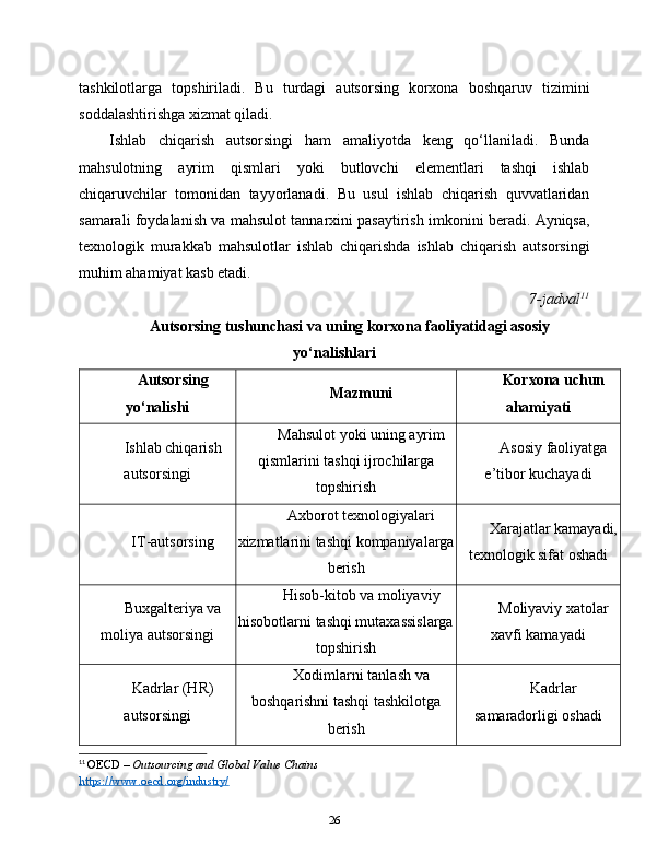 tashkilotlarga   topshiriladi.   Bu   turdagi   autsorsing   korxona   boshqaruv   tizimini
soddalashtirishga xizmat qiladi.
Ishlab   chiqarish   autsorsingi   ham   amaliyotda   keng   qo‘llaniladi.   Bunda
mahsulotning   ayrim   qismlari   yoki   butlovchi   elementlari   tashqi   ishlab
chiqaruvchilar   tomonidan   tayyorlanadi.   Bu   usul   ishlab   chiqarish   quvvatlaridan
samarali foydalanish va mahsulot tannarxini pasaytirish imkonini beradi. Ayniqsa,
texnologik   murakkab   mahsulotlar   ishlab   chiqarishda   ishlab   chiqarish   autsorsingi
muhim ahamiyat kasb etadi.
7-jadval 11
Autsorsing tushunchasi va uning korxona faoliyatidagi asosiy
yo‘nalishlari
Autsorsing
yo‘nalishi Mazmuni Korxona uchun
ahamiyati
Ishlab chiqarish
autsorsingi Mahsulot yoki uning ayrim
qismlarini tashqi ijrochilarga
topshirish Asosiy faoliyatga
e’tibor kuchayadi
IT-autsorsing Axborot texnologiyalari
xizmatlarini tashqi kompaniyalarga
berish Xarajatlar kamayadi,
texnologik sifat oshadi
Buxgalteriya va
moliya autsorsingi Hisob-kitob va moliyaviy
hisobotlarni tashqi mutaxassislarga
topshirish Moliyaviy xatolar
xavfi kamayadi
Kadrlar (HR)
autsorsingi Xodimlarni tanlash va
boshqarishni tashqi tashkilotga
berish Kadrlar
samaradorligi oshadi
11
  OECD –  Outsourcing and Global Value Chains
https://www.oecd.org/industry/
26 