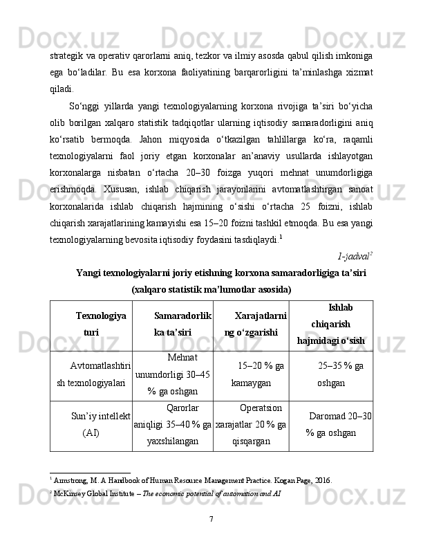 strategik va operativ qarorlarni aniq, tezkor va ilmiy asosda qabul qilish imkoniga
ega   bo‘ladilar.   Bu   esa   korxona   faoliyatining   barqarorligini   ta’minlashga   xizmat
qiladi.
So‘nggi   yillarda   yangi   texnologiyalarning   korxona   rivojiga   ta’siri   bo‘yicha
olib   borilgan   xalqaro   statistik   tadqiqotlar   ularning   iqtisodiy   samaradorligini   aniq
ko‘rsatib   bermoqda.   Jahon   miqyosida   o‘tkazilgan   tahlillarga   ko‘ra,   raqamli
texnologiyalarni   faol   joriy   etgan   korxonalar   an’anaviy   usullarda   ishlayotgan
korxonalarga   nisbatan   o‘rtacha   20–30   foizga   yuqori   mehnat   unumdorligiga
erishmoqda.   Xususan,   ishlab   chiqarish   jarayonlarini   avtomatlashtirgan   sanoat
korxonalarida   ishlab   chiqarish   hajmining   o‘sishi   o‘rtacha   25   foizni,   ishlab
chiqarish xarajatlarining kamayishi esa 15–20 foizni tashkil etmoqda. Bu esa yangi
texnologiyalarning bevosita iqtisodiy foydasini tasdiqlaydi. 1
1-jadval 2
Yangi texnologiyalarni joriy etishning korxona samaradorligiga ta’siri
(xalqaro statistik ma’lumotlar asosida)
Texnologiya
turi Samaradorlik
ka ta’siri Xarajatlarni
ng o‘zgarishi Ishlab
chiqarish
hajmidagi o‘sish
Avtomatlashtiri
sh texnologiyalari Mehnat
unumdorligi 30–45
% ga oshgan 15–20 % ga
kamaygan 25–35 % ga
oshgan
Sun’iy intellekt
(AI) Qarorlar
aniqligi 35–40 % ga
yaxshilangan Operatsion
xarajatlar 20 % ga
qisqargan Daromad 20–30
% ga oshgan
1
  Armstrong, M. A Handbook of Human Resource Management Practice. Kogan Page, 2016.
2
  McKinsey Global Institute –  The economic potential of automation and AI
7 