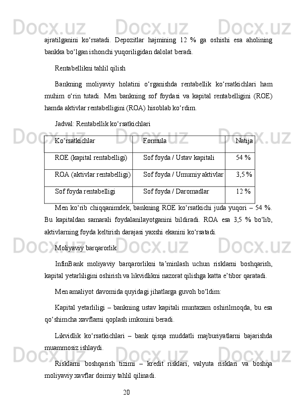 20ajratilganini   ko‘rsatadi.   Depozitlar   hajmining   12   %   ga   oshishi   esa   aholining
bankka bo‘lgan ishonchi yuqoriligidan dalolat beradi.
Rentabellikni tahlil qilish
Bankning   moliyaviy   holatini   o‘rganishda   rentabellik   ko‘rsatkichlari   ham
muhim   o‘rin   tutadi.   Men   bankning   sof   foydasi   va   kapital   rentabelligini   (ROE)
hamda aktivlar rentabelligini (ROA) hisoblab ko‘rdim.
Jadval: Rentabellik ko‘rsatkichlari
Ko‘rsatkichlar Formula Natija
ROE (kapital rentabelligi) Sof foyda / Ustav kapitali 54 %
ROA (aktivlar rentabelligi) Sof foyda / Umumiy aktivlar 3,5 %
Sof foyda rentabelligi Sof foyda / Daromadlar 12 %
Men   ko‘rib   chiqqanimdek,   bankning   ROE   ko‘rsatkichi   juda   yuqori   –   54   %.
Bu   kapitaldan   samarali   foydalanilayotganini   bildiradi.   ROA   esa   3,5   %   bo‘lib,
aktivlarning foyda keltirish darajasi yaxshi ekanini ko‘rsatadi.
Moliyaviy barqarorlik
InfinBank   moliyaviy   barqarorlikni   ta’minlash   uchun   risklarni   boshqarish,
kapital yetarliligini oshirish va likvidlikni nazorat qilishga katta e’tibor qaratadi.
Men amaliyot davomida quyidagi jihatlarga guvoh bo‘ldim:
Kapital   yetarliligi  –  bankning  ustav  kapitali  muntazam  oshirilmoqda,  bu  esa
qo‘shimcha xavflarni qoplash imkonini beradi.
Likvidlik   ko‘rsatkichlari   –   bank   qisqa   muddatli   majburiyatlarni   bajarishda
muammosiz ishlaydi.
Risklarni   boshqarish   tizimi   –   kredit   risklari,   valyuta   risklari   va   boshqa
moliyaviy xavflar doimiy tahlil qilinadi. 