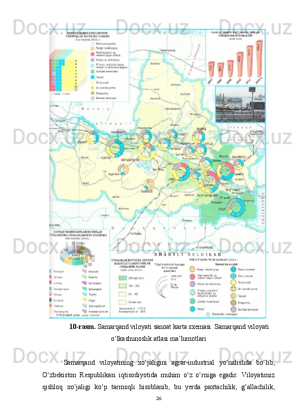 10-rasm.  Samarqand viloyati sanoat karta sxemasi. Samarqand viloyati
o‘lkashunoslik atlasi ma’lumotlari
Samarqand   viloyatining   xo‘jaligini   agrar-industrial   yo‘nalishda   bo‘lib,
O‘zbekiston   Respublikasi   iqtisodiyotida   muhim   o‘z   o‘rniga   egadir.   Viloyatimiz
qishloq   xo‘jaligi   ko‘p   tarmoqli   hisoblanib,   bu   yerda   paxtachilik,   g‘allachilik,
26 