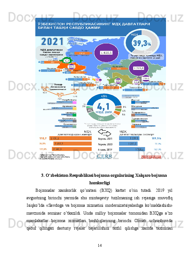 3. O‘zbekiston Respublikasi bojxona orgnlarining Xalqaro bojxona
hamkorligi
Bojxonalar   xamkorlik   qo mitasi   (BXQ)   kattat   o rin   tutadi.   2019   yilʼ ʼ
avgustning   birinchi   yarmida   shu   mintaqaviy   tuzilmaning   ish   rejasiga   muvofiq
Isiqko lda   «Savdoga   va   bojxona   xizmatini   modernizatsiyalashga   ko maklashish»	
ʼ ʼ
mavzusida   seminar   o tkazildi.   Unda   milliy   bojxonalar   tomonidan   BXQga   a zo	
ʼ ʼ
mamlakatlar   bojxona   xizmatlari   boshliqlarining   birinchi   Olmati   uchrashuvida
qabul   qilingan   dasturiy   rejalar   bajarilishini   taxlil   qilishga   xamda   taxminan
14 