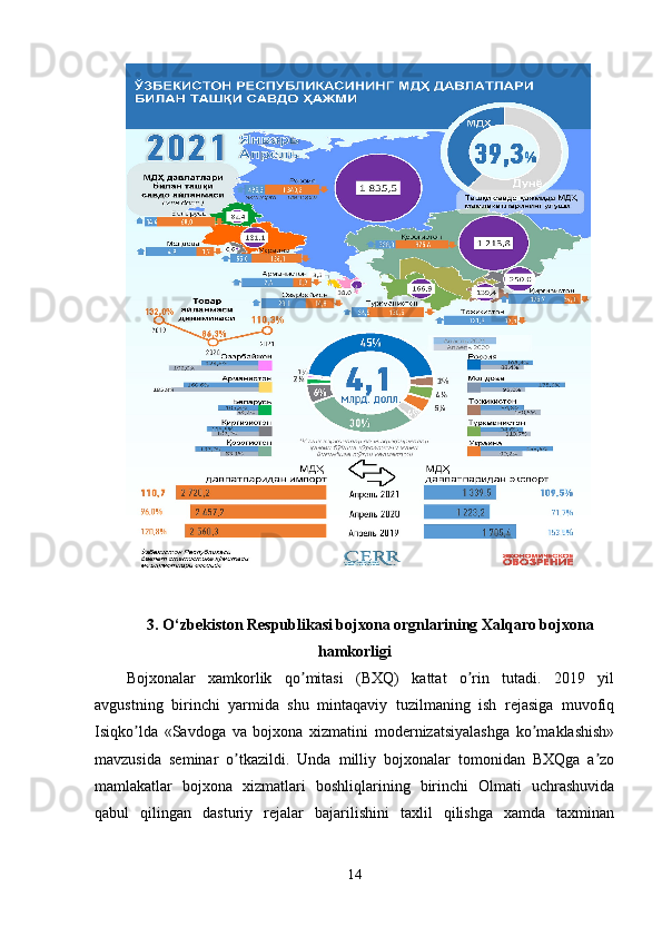 3. O‘zbekiston Respublikasi bojxona orgnlarining Xalqaro bojxona
hamkorligi
Bojxonalar   xamkorlik   qo mitasi   (BXQ)   kattat   o rin   tutadi.   2019   yilʼ ʼ
avgustning   birinchi   yarmida   shu   mintaqaviy   tuzilmaning   ish   rejasiga   muvofiq
Isiqko lda   «Savdoga   va   bojxona   xizmatini   modernizatsiyalashga   ko maklashish»	
ʼ ʼ
mavzusida   seminar   o tkazildi.   Unda   milliy   bojxonalar   tomonidan   BXQga   a zo	
ʼ ʼ
mamlakatlar   bojxona   xizmatlari   boshliqlarining   birinchi   Olmati   uchrashuvida
qabul   qilingan   dasturiy   rejalar   bajarilishini   taxlil   qilishga   xamda   taxminan
14