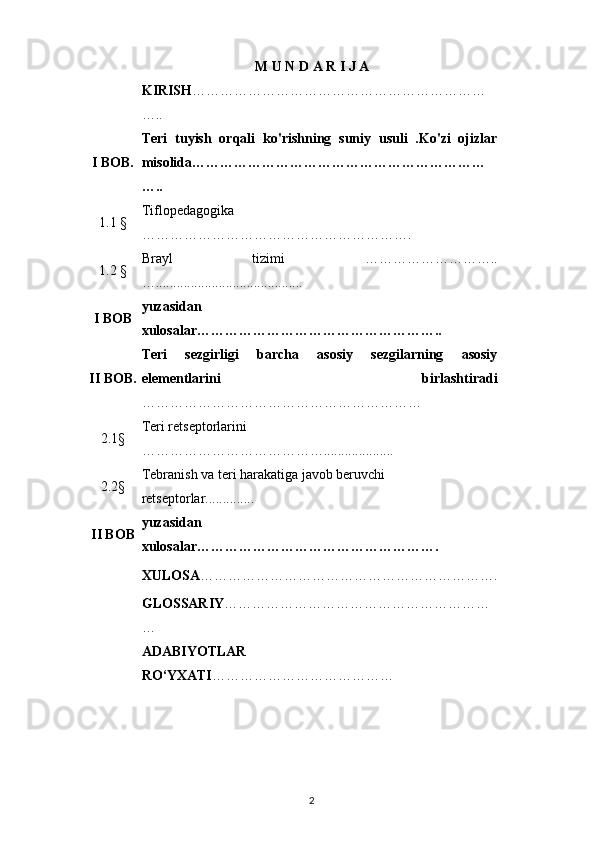 M U N D A R I J A
KIRIS H ………………………………………………………
…..
I BOB. Teri   tuyish   orqali   ko'rishning   suniy   usuli   .Ko'zi   ojizlar
misolida ………………………………………………………
…..
1.1 § Tiflopedagogika
………………………………………………….
1.2 § Brayl   tizimi   ………………………..
…..........................................
I BOB yuzasidan 
xulosalar……………………………………………..
II   BOB. Teri   sezgirligi   barcha   asosiy   sezgilarning   asosiy
elementlarini   birlashtiradi
……………………………………………………
2.1§ Teri retseptorlarini 
…………………………………....................
2.2§ Tebranish va teri harakatiga javob beruvchi 
retseptorlar..............
II BOB yuzasidan 
xulosalar…………………………………………….
XULOSA ……………………………………………………….
GLOSSARIY …………………………………………………
…
ADABIYOTLAR 
RO‘YXATI …………………………………
2 
