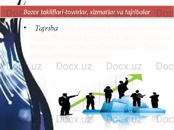 Bozor takliflari-tovarlar, xizmatlar va tajribalar
•
    Tajriba   - mijozlar bilan kompaniya ortasida 
mijoz  ilk  marta  kompaniya  bilan  aloqarga 
kirishgan  vatdan  to  hozirgacha  davrdagi 
munosabatlar tushuniadi  