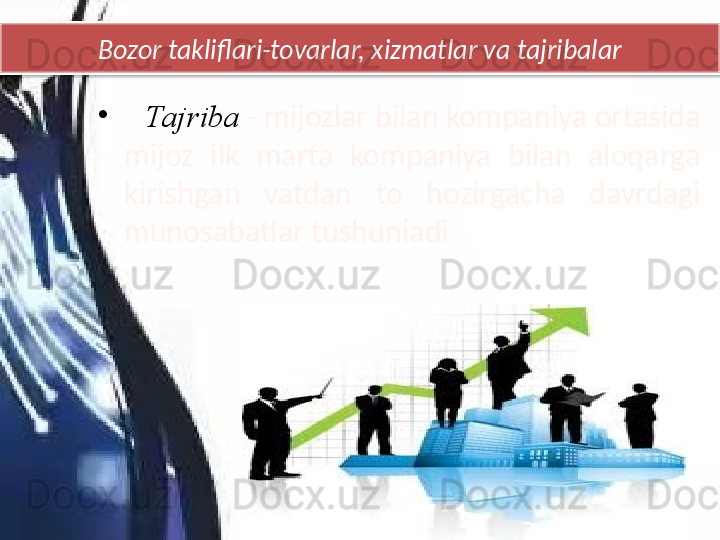 Bozor takliflari-tovarlar, xizmatlar va tajribalar
•
    Tajriba   - mijozlar bilan kompaniya ortasida 
mijoz  ilk  marta  kompaniya  bilan  aloqarga 
kirishgan  vatdan  to  hozirgacha  davrdagi 
munosabatlar tushuniadi