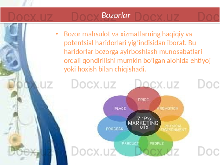        Bozorlar
•
Bozor mahsulot va xizmatlarning haqiqiy va 
potentsial haridorlari yig’indisidan iborat. Bu 
haridorlar bozorga ayirboshlash munosabatlari 
orqali qondirilishi mumkin bo’lgan alohida ehtiyoj 
yoki hoxish bilan chiqishadi.  