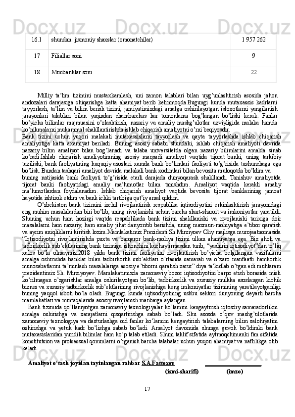 1716.1 shundan:   jismoniy   shaxslar   (omonatchilar)
1   957   262
17 Filiallar   soni
9
18 Minibanklar   soni
22
Milliy   ta’lim   tizimini   mustaxkamlash,   uni   zamon   talablari   bilan   uyg’unlashtirish   asosida   jahon
andozalari   darajasiga   chiqarishga   katta   ahamiyat   berib   kelinmoqda.Bugungi   kunda   mutaxassis   kadrlarni
tayyorlash ,   ta’lim   va   bilim   berish   tizimi,   jamiyatimizdagi   amalga   oshirilayotgan   isloxotlarni   yangilanish
jarayonlari   talablari   bilan   yaqindan   chambarchas   har   tomonlama   bog’langan   bo’lishi   kerak.   Fanlar
bo’yicha   bilimlar   majmuasini   o’zlashtirish,   nazariy   va   amaliy   mashg’ulotlar   uzviyligida   malaka   hamda
ko’nikmalarni mukammal shakllantirishda   ishlab   chiqarish   amaliyotni   o’rni   beqiyosdir.
Bank   tizimi   uchun   yuqori   malakali   mutaxassislarni   tayyorlash   va   qayta   tayyorlashda   ishlab   chiqarish
amaliyotiga   katta   axamiyat   beriladi.   Buning   asosiy   sababi   shundaki ,   ishlab   chiqarish   amaliyoti   davrida
nazariy   bilim   amaliyot   bilan   bog’lanadi   va   talaba   universitetda   olgan   nazariy   bilimlarini   amalda   sinab
ko’radi.Ishlab   chiqarish   amaliyotimning   asosiy   maqsadi   amaliyot   vaqtida   tijorat   banki,   uning   tarkibiy
tuzilishi ,   bank   faoliyatining   huquqiy   asoslari   xamda   bank   bo’limlari   faoliyati   to’g’risida   tushunchaga   ega
bo’lish. Bundan tashqari amaliyot davrida malakali bank xodimlari   bilan   bevosita   muloqotda   bo’ldim   va
buning   natijasida   bank   faoliyati   to’g’risida   etarli   darajada   dunyoqarash   shakllandi.   Tanishuv   amaliyotda
tijorat   banki   faoliyatidagi   amaliy   ma’lumotlar   bilan   tanishdim.   Amaliyot   vaqtida   kerakli   amaliy
ma’lumotlardan   foydalanadim.   Ishlab   chiqarish   amaliyot   vaqtida   bevosita   tijorat   banklarining   jamoat
hayotida   ishtirok   etdim   va   bank   ichki   tartibiga   qat’iy   amal   qildim.
O’zbekiston   bank   tizimini   izchil   rivojlantirish   respublika   iqtisodiyotini   erkinlashtirish   jarayonidagi
eng muhim masalalardan biri bo’lib, uning   rivojlanishi   uchun   barcha   shart-sharoit   va   imkoniyatlar   yaratildi.
Shuning   uchun   ham   hozirgi   vaqtda   respublikada   bank   tizimi   shakllanishi   va   rivojlanishi   tarixiga   doir
masalalarni   ham   nazariy,   ham   amaliy   jihat dan yoritib berishda , uning mazmun-mohiyatiga e’tibor qaratish
va ayrim   aniqliklarni kiritish lozim.Mamlakatimiz Prezidenti Sh.Mirziyoev Oliy   majlisga murojaatnomasida
“Iqtisodiyotni   rivojlantirishda   puxta   va   barqaror   bank-moliya   tizimi   ulkan   ahamiyatga   ega.   Biz   aholi   va
tadbirkorlik   sub’ektlarining   bank   tizimiga   ishonchini   kuchaytirmasdan   turib,   “yashirin   iqtisodiyot”dan   to’liq
xalos   bo’la   olmaymiz.2018   yilda   bank   tizimi   faoliyatini   rivojlantirish   bo’yicha   belgilangan   vazifalarni
amalga   oshirishda   banklar   bilan   tadbirkorlik   sub’ektlari   o’rtasida   samarali   va   o’zaro   manfaatli   hamkorlik
munosabatlarini   ta’minlash masalalariga asosiy e’tiborni qaratish zarur” diya ta’kidlab   o’tgan edi muhtaram
prezidentimiz  Sh. Mirziyoyev.  Mamlakatimizda   zamonaviy  bozor iqtisodiyotini  barpo  etish borasida  misli
ko’rilmagan   o’zgarishlar   amalga   oshirilayotgan   bo’lib,   tadbirkorlik   va   xususiy   mulkka   asoslangan   kichik
biznes va xususiy tadbirkorlik sub’ektlarining   rivojlanishiga keng imkoniyatlar tizimining yaratilayotganligi
buning   yaqqol   isboti   bo’la   oladi.   Bugungi   kunda   iqtisodiyotning   ushbu   sektori   dunyoning   deyarli   barcha
mamlakatlari va mintaqalarida asosiy   rivojlanish   manbaiga   aylangan.
Bank tizimida qo’llaniyotgan zamonaviy texnologiyalar ko’lamini   kengaytirish iqtosdiy samaradorlikni
amalga   oshirishga   va   xarajatlarni   qisqartirishga   sabab   bo’ladi.   Shu   asosda   o’quv   mashg’ulotlarida
zamonaviy   texnologiya   va dasturlashga   oid  fanlar  ko’lamini   kengaytirish   talabalarning   bilim  salohiyatini
oshirishga   va   yetuk   kadr   bo’lishga   sabab   bo’ladi.   Amalyot   davomida   shunga   guvoh   bo’ldimki   bank
mutaxasislaridan   yuridik bilimlar ham ko’p talab etiladi. Shuni taklif sifatida   aytmoqchimanki fan sifatida
konstitutsion va protsessual qonunlarni   o’rganish   barcha   talabalar   uchun   yuqori   ahamiyat   va   naflilikga   olib
keladi.
Amaliyot o‘tash   joyidan   tayinlangan rahbar   S.A.Fattoxov ___________________
(ismi-sharifi) (imzo)