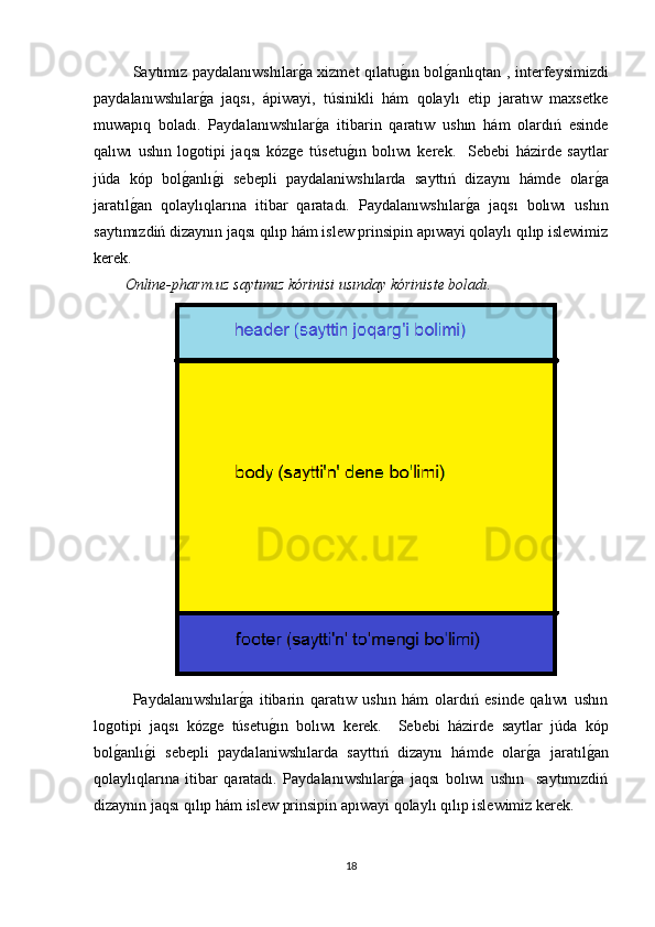 Saytımız paydalanıwshılarg�a xizmet qılatu	g�ın bol	g�anlıqtan , interfeysimizdi
paydalanıwshılar	
g�a   jaqsı,   ápiwayi,   túsinikli   hám   qolaylı   etip   jaratıw   maxsetke
muwapıq   boladı.   Paydalanıwshılar	
g�a   itibarin   qaratıw   ushın   hám   olardıń   esinde
qalıwı   ushın   logotipi   jaqsı   kózge   túsetu	
g�ın   bolıwı   kerek.     Sebebi   házirde   saytlar
júda   kóp   bol	
g�anlı	g�i   sebepli   paydalaniwshılarda   sayttıń   dizaynı   hámde   olar	g�a
jaratıl	
g�an   qolaylıqlarına   itibar   qaratadı.   Paydalanıwshılar	g�a   jaqsı   bolıwı   ushın
saytımızdiń dizaynın jaqsı qılıp hám islew prinsipin apıwayi qolaylı qılıp islewimiz
kerek.  
Online-pharm.uz saytımız kórinisi usınday kóriniste boladı.
Paydalanıwshılar	
g�a   itibarin   qaratıw   ushın   hám   olardıń   esinde   qalıwı   ushın
logotipi   jaqsı   kózge   túsetu	
g�ın   bolıwı   kerek.     Sebebi   házirde   saytlar   júda   kóp
bol	
g�anlı	g�i   sebepli   paydalaniwshılarda   sayttıń   dizaynı   hámde   olar	g�a   jaratıl	g�an
qolaylıqlarına   itibar   qaratadı.   Paydalanıwshılar	
g�a   jaqsı   bolıwı   ushın     saytımızdiń
dizaynın jaqsı qılıp hám islew prinsipin apıwayi qolaylı qılıp islewimiz kerek.  
18 