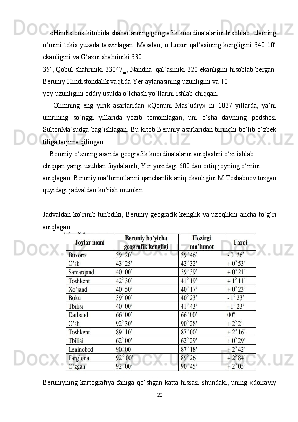      «Hindiston» kitobida shaharlarning geografik koordinatalarini hisoblab, ularning
o‘rnini tekis yuzada tasvirlagan. Masalan,  u Loxur qal‘asining kengligini 340 10‘
ekanligini va G‘azni shahriniki 330
35‘, Qobul shahriniki 33047‗, Nandna  qal‘asiniki 320 ekanligini hisoblab bergan.
Beruniy Hindistondalik vaqtida Yer aylanasining uzunligini va 10 
yoy uzunligini oddiy usulda o‘lchash yo‘llarini ishlab chiqqan.
      Olimning   eng   yirik   asarlaridan   «Qonuni   Mas‘udiy»   ni   1037   yillarda,   ya‘ni
umrining   so‘nggi   yillarida   yozib   tomomlagan,   uni   o‘sha   davrning   podshosi
SultonMa‘sudga bag‘ishlagan. Bu kitob Beruniy asarlaridan birinchi bo‘lib o‘zbek
tiliga tarjima qilingan.
     Beruniy o‘zining asarida geografik koordinatalarni aniqlashni o‘zi ishlab 
chiqqan yangi usuldan foydalanib, Yer yuzidagi 600 dan ortiq joyning o‘rnini 
aniqlagan. Beruniy ma‘lumotlarini qanchanlik aniq ekanligini M.Teshaboev tuzgan
quyidagi jadvaldan ko‘rish mumkin. 
Jadvaldan ko‘rinib turibdiki, Beruniy geografik kenglik va uzoqlikni ancha to‘g‘ri
aniqlagan.
Beruniyning kartografiya faniga qo‘shgan katta hissasi  shundaki, uning «doiraviy
20 