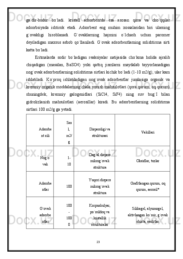 ga`dir-budur   bo`ladi.   kristall   adsorbentda   esa   asosan   qirra   va   cho`qqilar
adsorbsiyada   ishtirok   etadi.   Adsorbent   eng   muhim   xossalaridan   biri   ularning
g`ovakligi   hisoblanadi.   G`ovaklarning   hajmini   o`lchash   uchun   paromer
deyiladigan   maxsus   asbob   qo`llaniladi.   G`ovak   adsorbentlarning   solishtirma   sirti
katta bo`ladi. 
Eritmalarda   sodir   bo`ladigan   reaksiyalar   natijasida   cho`kma   holida   ajralib
chiqadigan   (masalan,   BaSO4)   yoki   qattiq   jismlarni   maydalab   tayyorlanadigan
nog`ovak adsorbentlarning solishtirma sirtlari kichik bo`ladi (1-10 m2/g); ular kam
ishlatiladi.   Ko`proq   ishlatiladigan   nog`ovak   adsorbentlar   jumlasiga   organik   va
kremniy organik moddalarning chala yonish mahsulotlari (qora qurum, oq qurum)
shuningdek,   kremniy   galogenidlari   (SiCl4,   SiF4)   ning   suv   bug`I   bilan
gidrolizlanish   mahsulotlari   (aerosillar)   kiradi.   Bu   adsorbentlarning   solishtirma
sirtlari 100 m2/g ga yetadi. 
Adsorbe
nt xili Sso
l, 
m2/
g Dispersligi va
strukturasi Vakillari
Nog`o 
vak 1-
10 Dag`al dispers
mikrog`ovak
struktura Oksidlar, tuzlar
Adsorbe
ntlar 100 Yuqori dispers
mikrog`ovak
struktura Grafitlangan qurum, oq
qurum, aerosil*
G`ovak
adsorbe
ntlar 100
-
100
0 Korpuskulyar,
po`rsildoq va
kristallik
strukturalar Silikagel, alyumogel,
aktivlangan ko`mir, g`ovak
shixta, seolitlar
23 