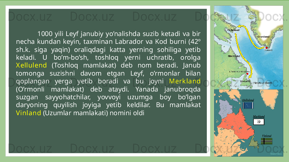                   1000  yili  Leyf  janubiy  yo’nalishda  suzib  ketadi  va  bir 
necha  kundan  keyin,  taxminan  Labrador  va  Kod  burni  (42º 
sh.k.  siga  yaqin)  oraliqdagi  katta  yerning  sohiliga  yetib 
keladi.  U  bo’m-bo’sh,  toshloq  yerni  uchratib,  orolga 
X ellulend   (Toshloq  mamlakat)  deb  nom  beradi.  Janub 
tomonga  suzishni  davom  etgan  Leyf,  o’rmonlar  bilan 
qoplangan  yerga  yetib  boradi  va  bu  joyni  Merk land  
(O’rmonli  mamlakat)  deb  ataydi.  Yanada  janubroqda 
suzgan  sayyohatchilar,  yovvoyi  uzumga  boy  bo’lgan 
daryoning  quyilish  joyiga  yetib  keldilar.  Bu  mamlakat 
Vinland  (Uzumlar mamlakati) nomini oldi 