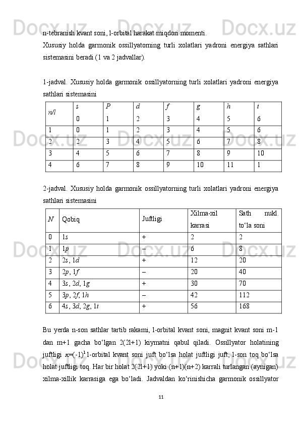 n-tebranish kvant soni, l-orbital harakat miqdori momenti. 
Xususiy   holda   garmonik   ossillyatorning   turli   xolatlari   yadroni   energiya   sathlari
sistemasini beradi (1 va 2 jadvallar).
1-jadval.   Xususiy   holda   garmonik   ossillyatorning   turli   xolatlari   yadroni   energiya
sathlari sistemasini
n / l s
0 P
1 d
2 f
3 g
4 h
5 i
6
1 0 1 2 3 4 5 6
2 2 3 4 5 6 7 8
3 4 5 6 7 8 9 10
4 6 7 8 9 10 11 1  
2-j а dv а l.   Xususiy   holda   garmonik   ossillyatorning   turli   xolatlari   yadroni   energiya
sathlari sistemasini
N Qоbiq Juftligi Хilmа-хil
kаrrаsi S а th   nukl.
to‘l а  s о ni
0 1 s + 2 2
1 1 p – 6 8
2 2 s , 1 d + 12 20
3 2 p , 1 f – 20 40
4 3 s , 2 d , 1 g + 30 70
5 3 p , 2 f , 1 h – 42 112
6 4 s , 3 d , 2 g , 1 i + 56 168
Bu   yerda   n-son   sathlar   tartib  rakami,   l-orbital   kvant   soni,   magnit   kvant   soni   m-1
dan   m+1   gacha   bo‘lgan   2(2l+1)   kiymatni   qabul   qiladi.   Ossillyator   h olatining
juftligi    =(-1) l
  l-orbital   kvant   soni   juft   bo‘lsa   h olat   juftligi   juft,   l-son   toq   bo‘lsa
h olat juftligi toq. Har bir holat 2(2l+1) yoki (n+1)(n+2) karrali turlangan (aynigan)
xilma-xillik   karrasiga   ega   bo‘ladi.   Jadvaldan   ko‘rinishicha   garmonik   ossillyator
11 