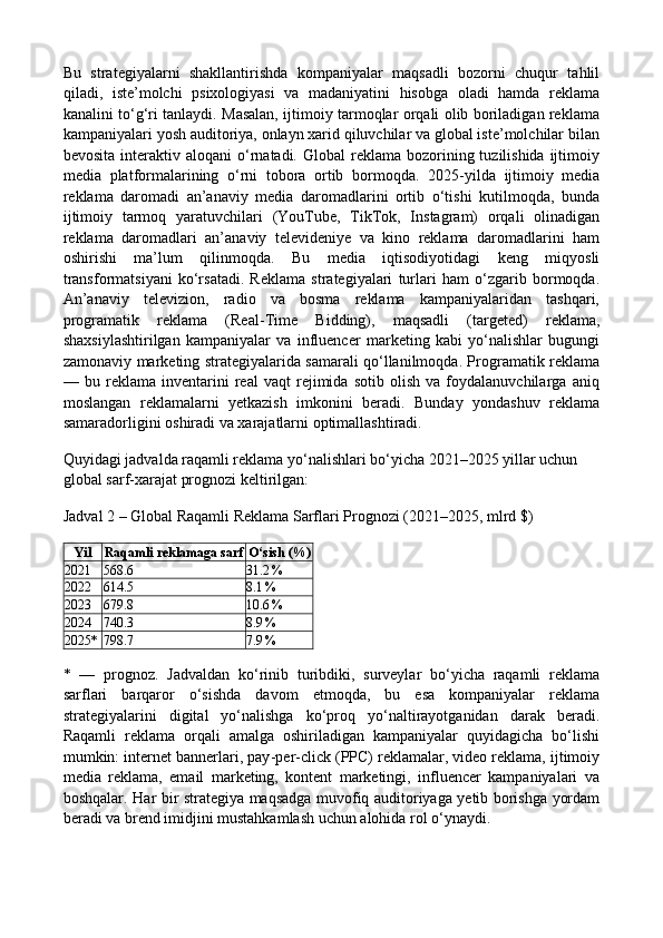 Bu   strategiyalarni   shakllantirishda   kompaniyalar   maqsadli   bozorni   chuqur   tahlil
qiladi,   iste’molchi   psixologiyasi   va   madaniyatini   hisobga   oladi   hamda   reklama
kanalini to‘g‘ri tanlaydi. Masalan, ijtimoiy tarmoqlar orqali olib boriladigan reklama
kampaniyalari yosh auditoriya, onlayn xarid qiluvchilar va global iste’molchilar bilan
bevosita  interaktiv aloqani   o‘rnatadi.  Global  reklama  bozorining  tuzilishida   ijtimoiy
media   platformalarining   o‘rni   tobora   ortib   bormoqda.   2025 - yilda   ijtimoiy   media
reklama   daromadi   an’anaviy   media   daromadlarini   ortib   o‘tishi   kutilmoqda,   bunda
ijtimoiy   tarmoq   yaratuvchilari   (YouTube,   TikTok,   Instagram)   orqali   olinadigan
reklama   daromadlari   an’anaviy   televideniye   va   kino   reklama   daromadlarini   ham
oshirishi   ma’lum   qilinmoqda.   Bu   media   iqtisodiyotidagi   keng   miqyosli
transformatsiyani   ko‘rsatadi.   Reklama   strategiyalari   turlari   ham   o‘zgarib   bormoqda.
An’anaviy   televizion,   radio   va   bosma   reklama   kampaniyalaridan   tashqari,
programatik   reklama   (Real - Time   Bidding),   maqsadli   (targeted)   reklama,
shaxsiylashtirilgan   kampaniyalar   va   influencer   marketing   kabi   yo‘nalishlar   bugungi
zamonaviy marketing strategiyalarida samarali qo‘llanilmoqda. Programatik reklama
—   bu   reklama   inventarini   real   vaqt   rejimida   sotib   olish   va   foydalanuvchilarga   aniq
moslangan   reklamalarni   yetkazish   imkonini   beradi.   Bunday   yondashuv   reklama
samaradorligini oshiradi va xarajatlarni optimallashtiradi. 
Quyidagi jadvalda raqamli reklama yo‘nalishlari bo‘yicha 2021–2025 yillar uchun 
global sarf - xarajat prognozi keltirilgan:
Jadval 2 – Global Raqamli Reklama Sarflari Prognozi (2021–2025, mlrd $)
Yil Raqamli reklamaga sarf O‘sish (%)
2021 568.6 31.2 %
2022 614.5 8.1
 %
2023 679.8 10.6
 %
2024 740.3 8.9
 %
2025* 798.7 7.9
 %
*   —   prognoz.   Jadvaldan   ko‘rinib   turibdiki,   surveylar   bo‘yicha   raqamli   reklama
sarflari   barqaror   o‘sishda   davom   etmoqda,   bu   esa   kompaniyalar   reklama
strategiyalarini   digital   yo‘nalishga   ko‘proq   yo‘naltirayotganidan   darak   beradi.
Raqamli   reklama   orqali   amalga   oshiriladigan   kampaniyalar   quyidagicha   bo‘lishi
mumkin: internet bannerlari, pay - per - click (PPC) reklamalar, video reklama, ijtimoiy
media   reklama,   email   marketing,   kontent   marketingi,   influencer   kampaniyalari   va
boshqalar.   Har bir strategiya maqsadga muvofiq auditoriyaga yetib borishga yordam
beradi va brend imidjini mustahkamlash uchun alohida rol o‘ynaydi.  