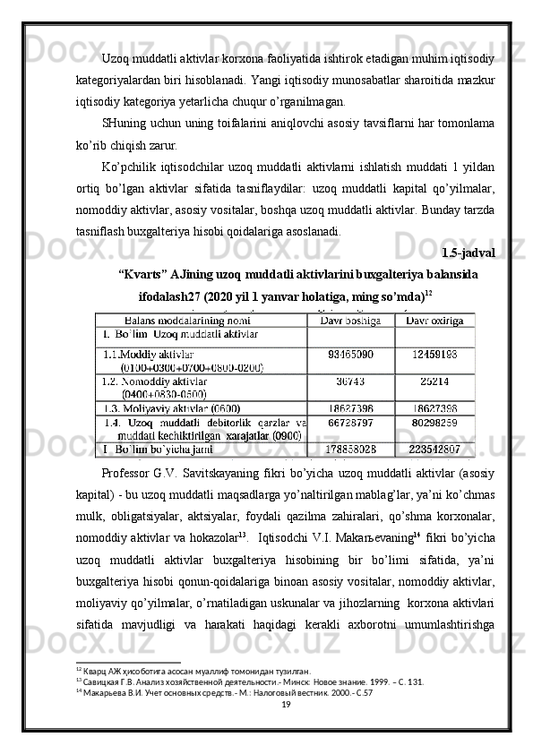 Uzoq muddatli aktivlar korxona faoliyatida ishtirok etadigan muhim iqtisodiy
kategoriyalardan biri hisoblanadi. Yangi iqtisodiy munosabatlar sharoitida mazkur
iqtisodiy kategoriya yetarlicha chuqur o’rganilmagan.
SHuning uchun uning toifalarini aniqlovchi asosiy tavsiflarni har tomonlama
ko’rib chiqish zarur.
Ko’pchilik   iqtisodchilar   uzoq   muddatli   aktivlarni   ishlatish   muddati   1   yildan
ortiq   bo’lgan   aktivlar   sifatida   tasniflaydilar:   uzoq   muddatli   kapital   qo’yilmalar,
nomoddiy aktivlar, asosiy vositalar, boshqa uzoq muddatli aktivlar. Bunday tarzda
tasniflash buxgalteriya hisobi qoidalariga asoslanadi.
1.5-jadval
“Kvarts” AJining uzoq muddatli aktivlarini buxgalteriya balansida
ifodalash27 (2020 yil 1 yanvar holatiga, ming so’mda) 12
Professor   G.V.   Savitskayaning   fikri   bo’yicha   uzoq   muddatli   aktivlar   (asosiy
kapital) - bu uzoq muddatli maqsadlarga yo’naltirilgan mablag’lar, ya’ni ko’chmas
mulk,   obligatsiyalar,   aktsiyalar,   foydali   qazilma   zahiralari,   qo’shma   korxonalar,
nomoddiy aktivlar va hokazolar 13
.   Iqtisodchi V.I. Makarьevaning 14
  fikri bo’yicha
uzoq   muddatli   aktivlar   buxgalteriya   hisobining   bir   bo’limi   sifatida,   ya’ni
buxgalteriya hisobi qonun-qoidalariga binoan asosiy  vositalar, nomoddiy aktivlar,
moliyaviy qo’yilmalar, o’rnatiladigan uskunalar va jihozlarning   korxona aktivlari
sifatida   mavjudligi   va   harakati   haqidagi   kerakli   axborotni   umumlashtirishga
12
 Кварц АЖ ҳисоботига асосан муаллиф томонидан тузилган.
13
 Савицкая Г.В. Анализ хозяйственной деятельности.- Минск: Новое знание. 1999. – С. 131.
14
 Макарьева В.И. Учет основных средств.- М.: Налоговый вестник. 2000.- С.57
19