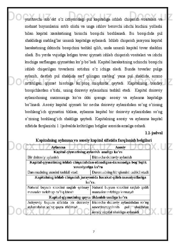 yurituvchi   sub’ekt   o’z   ixtiyoridagi   pul   kapitaliga   ishlab   chiqarish   vositalari   va
mehnat   buyumlarini   sotib   olishi   va   unga   ishlov   beruvchi   ishchi   kuchini   yollashi
bilan   kapital   xarakatining   birinchi   bosqichi   boshlanadi.   Bu   bosqichda   pul
shaklidagi mablag’lar unumli kapitalga aylanadi. Ishlab chiqarish jarayoni kapital
harakatining   ikkinchi   bosqichini   tashkil   qilib,   unda   unumli   kapital   tovar   shaklini
oladi. Bu yerda vujudga kelgan tovar qiymati ishlab chiqarish vositalari va ishchi
kuchiga sarflangan qiymatdan ko’p bo’ladi. Kapital harakatining uchinchi bosqichi
ishlab   chiqarilgan   tovarlarni   sotishni   o’z   ichiga   oladi.   Bunda   tovarlar   pulga
aylanib,   dastlab   pul   shaklida   sarf   qilingan   mablag’   yana   pul   shaklida,   ammo
orttirilgan   qiymat   hisobiga   ko’proq   miqdorda   qaytadi.   Kapitalning   bunday
bosqichlardan   o’tishi,   uning   doiraviy   aylanishini   tashkil   etadi.     Kapital   doiraviy
aylanishining   mazmuniga   ko’ra   ikki   qismga:   asosiy   va   aylanma   kapitalga
bo’linadi.   Asosiy   kapital   qiymati   bir   necha   doiraviy   aylanishdan   so’ng   o’zining
boshlang’ich   qiymatini   tiklasa,   aylanma   kapital   bir   doiraviy   aylanishdan   so’ng
o’zining   boshlang’ich   shakliga   qaytadi.   Kapitalning   asosiy   va   aylanma   kapital
sifatida farqlanishi 1.1jadvalda keltirilgan belgilar asosida amalga oshadi.
1.1-jadval
Kapitalning aylanma va asosiy kapital sifatida farqlanish belgilari
7