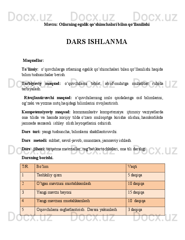Mavzu:  Otlarning egalik qo‘shimchalari bilan qo‘llanilishi
DARS ISHLANMA 
  Maqsadlar:
Ta’limiy:    o‘quvchilarga otlarning egalik qo’shimchalari bilan qo‘llanilishi haqida
bilim tushunchalar berish. 
Tarbiyaviy   maqsad:   o‘quvchilarni   tabiat,   atrof-muhitga   muhabbat   ruhida
tarbiyalash.
  Rivojlantiruvchi   maqsad:   o‘quvchilarning   imlo   qoidalariga   oid   bilimlarini,
og‘zaki va yozma nutq haqidagi bilimlarini rivojlantirish.
Kompetensiyaviy   maqsad:   kommunikativ   kompetensiya:   ijtimoiy   vaziyatlarda
ona  tilida  va  hamda xorijiy  tilda o‘zaro  muloqotga  kirisha  olishni, hamkorlikda
jamoada samarali  ishlay  olish layoqatlarini oshirish.
Dars  turi:  yangi tushuncha, bilimlarni shakllantiruvchi.
Dars   metodi:  suhbat, savol-javob, munozara, jamoaviy ishlash.
Dars   jihozi:  tarqatma materiallar, rag‘bat kartochkalari, ona tili darsligi.     
Darsning borishi.
T/R Bo limʼ Vaqti
1 Tashkiliy qism 5 daqiqa
2 O tgan mavzuni mustahkamlash
ʼ 10 daqiqa
3 Yangi mavzu bayoni 15 daqiqa
4 Yangi mavzuni mustahkamlash 10  daqiqa
5 Oquvchilarni ragbatlantirish . Darsni yakunlash 3 daqiqa 