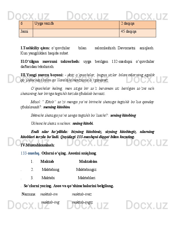 6 Uyga vazifa 2 daqiqa
Jami 45 daqiqa
I.Tashkiliy  qism:   o‘quvchilar            bilan           salomlashish.  Davomatni      aniqlash.
Kun yangiliklari haqida subat.
II.O‘tilgan   mavzuni   takrorlash:   uyga   berilgan   132-mashqni   o‘quvchilar
daftaridan tekshirish.   
III.Yangi   mavzu  bayoni:   -   Aziz  o‘quvchilar,  bugun  sizlar   bilan otlarning  egalik
qo‘shimchasi bilan qo‘llanilishi mavzusini o‘rganamiz. 
O‘quvchilar   keling,   men   sizga   bir   so‘z   beraman   siz   berilgan   so‘zni   uch
shaxsning har biriga tegishli tarzda ifodalab berasiz.
  Misol:“   Kitob”   so‘zi   menga   ya’ni   birinchi   shaxsga   tegishli   bo‘lsa   qanday
ifodalanadi?:  mening kitobim.
Ikkinchi shaxsga ya’ni senga tegishli bo‘lsachi?:  sening kitobing
Uchunchi shaxs u uchun:  uning kitobi.
Endi   ular   ko‘plikda:   bizning   kitobimiz,   sizning   kitobingiz,   ularning
kitoblari tarzda bo‘ladi. Quyidagi 133-mashqni diqqat bilan kuzating.
IV.Mustahkamlash:
133- mashq.  Otlarni o‘qing. Asosini aniqlang .
 1.        Maktab                         Maktabim
.         2.        Maktabing                 Maktabingiz
.         3.        Maktabi                       Maktablari
.   So‘zlarni yozing. Asos va qo shimchalarini belgilang.ʻ
 N amuna:     maktab-im maktab-imiz
maktab-ing maktab-ingiz 