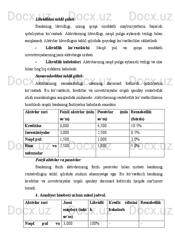 Likvidlikni tahlil qilish:
Bankning   likvidligi,   uning   qisqa   muddatli   majburiyatlarni   bajarish
qobiliyatini   ko‘rsatadi.   Aktivlarning   likvidligi,   naqd   pulga   aylanish   tezligi   bilan
aniqlanadi. Aktivlar likvidligini tahlil qilishda quyidagi ko‘rsatkichlar ishlatiladi:
 Likvidlik   ko‘rsatkichi :   Naqd   pul   va   qisqa   muddatli
investitsiyalarning jami aktivlarga nisbati.
 Likvidlik indekslari : Aktivlarning naqd pulga aylanish tezligi va ular
bilan bog‘liq risklarni baholash.
Samaradorlikni tahlil qilish:
Aktivlarning   samaradorligi,   ularning   daromad   keltirish   qobiliyatini
ko‘rsatadi.   Bu   ko‘rsatkich,   kreditlar   va   investitsiyalar   orqali   qanday   rentabellik
olish mumkinligini aniqlashda muhimdir. Aktivlarning rentabellik ko‘rsatkichlarini
hisoblash orqali bankning faoliyatini baholash mumkin.
Aktivlar turi Foizli aktivlar (mln
so‘m) Passivlar   (mln
so‘m) Rentabellik
(foizda)
Kreditlar 6,000 4,500 10.5%
Investitsiyalar 3,000 2,500 8.5%
Naqd pul 1,500 1,000 3.0%
Bino   va
uskunalar 2,500 1,800 5.0%
Foizli aktivlar va passivlar:
Bankning   foizli   aktivlarining   foizli   passivlar   bilan   nisbati   bankning
rentabelligini   tahlil   qilishda   muhim   ahamiyatga   ega.   Bu   ko‘rsatkich   bankning
kreditlar   va   investitsiyalar   orqali   qanday   daromad   keltirishi   haqida   ma'lumot
beradi.
4. Amaliyot hisoboti uchun misol jadval.
Aktivlar turi Jami
miqdori (mln
so‘m) Likvidli
k Kredit   sifatini
baholash Rentabellik
Naqd   pul   va 3,000 100% - - 