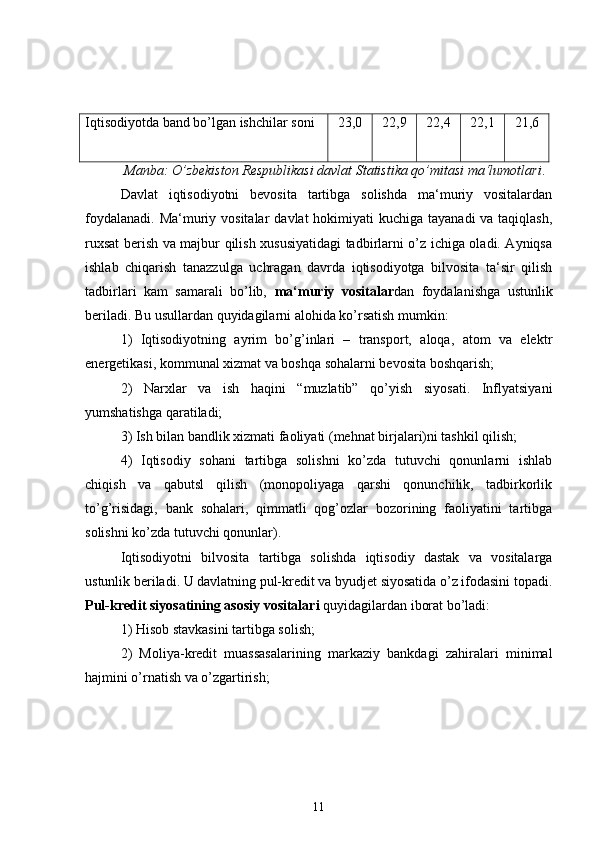 Iqtisodiyotda band bo’lgan ishchilar soni 23,0 22,9 22,4 22,1 21,6
  Manba: O’zbekiston Respublikasi davlat Statistika qo’mitasi ma‘lumotlari .
Davlat   iqtisodiyotni   bevosita   tartibga   solishda   ma‘muriy   vositalardan
foydalanadi.  Ma‘muriy vositalar  davlat  hokimiyati  kuchiga  tayanadi  va taqiqlash,
ruxsat berish va majbur qilish xususiyatidagi tadbirlarni o’z ichiga oladi. Ayniqsa
ishlab   chiqarish   tanazzulga   uchragan   davrda   iqtisodiyotga   bilvosita   ta‘sir   qilish
tadbirlari   kam   samarali   bo’lib,   ma‘muriy   vositalar dan   foydalanishga   ustunlik
beriladi. Bu usullardan quyidagilarni alohida ko’rsatish mumkin: 
1)   Iqtisodiyotning   ayrim   bo’g’inlari   –   transport,   aloqa,   atom   va   elektr
energetikasi, kommunal xizmat va boshqa sohalarni bevosita boshqarish;
2)   Narxlar   va   ish   haqini   “muzlatib”   qo’yish   siyosati.   Inflyatsiyani
yumshatishga qaratiladi;
3) Ish bilan bandlik xizmati faoliyati (mehnat birjalari)ni tashkil qilish;
4)   Iqtisodiy   sohani   tartibga   solishni   ko’zda   tutuvchi   qonunlarni   ishlab
chiqish   va   qabutsl   qilish   (monopoliyaga   qarshi   qonunchilik,   tadbirkorlik
to’g’risidagi,   bank   sohalari,   qimmatli   qog’ozlar   bozorining   faoliyatini   tartibga
solishni ko’zda tutuvchi qonunlar).
Iqtisodiyotni   bilvosita   tartibga   solishda   iqtisodiy   dastak   va   vositalarga
ustunlik beriladi. U davlatning pul-kredit va byudjet siyosatida o’z ifodasini topadi.
Pul-kredit siyosatining asosiy vositalari  quyidagilardan iborat bo’ladi:
1) Hisob stavkasini tartibga solish;
2)   Moliya-kredit   muassasalarining   markaziy   bankdagi   zahiralari   minimal
hajmini o’rnatish va o’zgartirish;
11 