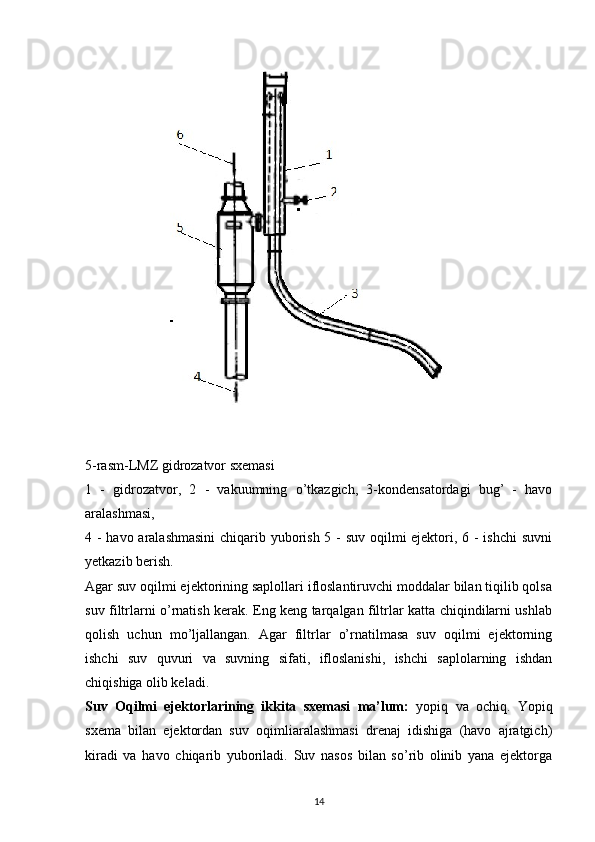 5-rasm-LMZ gidrozatvor sxemasi
1   -   gidrozatvo r ,   2   -   vakuumning   o’tkazgich,   3-kondensatordagi   bug’   -   havo
aralashmasi,
4 - havo aralashmasini  chiqarib yuborish 5 - suv oqilmi ejektori, 6 - ishchi  suvni
yetkazib berish.
Agar suv oqilmi ejektorining saplollari ifloslantiruvchi moddalar bilan tiqilib qolsa
suv filtrlarni o’rnatish kerak. Eng keng tarqalgan filtrlar katta chiqindilarni ushlab
qolish   uchun   mo’ljallangan.   Agar   filtrlar   o’rnatilmasa   suv   oqilmi   ejektorning
ishchi   suv   quvuri   va   suvning   sifati,   ifloslanishi,   ishchi   saplolarning   ishdan
chiqishiga olib keladi.
Suv   Oqilmi   ejektorlarining   ikkita   sxemasi   ma’lum:   yopiq   va   ochiq.   Yopiq
sxema   bilan   ejektordan   suv   oqimliaralashmasi   drenaj   idishiga   (havo   ajratgich)
kiradi   va   havo   chiqarib   yuboriladi.   Suv   nasos   bilan   so’rib   olinib   yana   ejektorga
                                                                             
14 