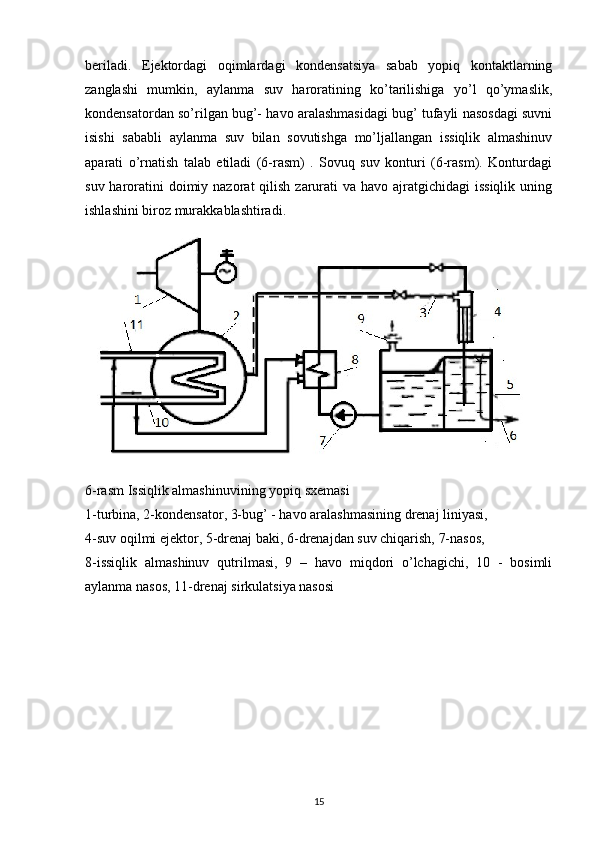 beriladi.   Ejektordagi   oqimlardagi   kondensatsiya   sabab   yopiq   kontaktlarning
zanglashi   mumkin,   aylanma   suv   haroratining   ko’tarilishiga   yo’l   qo’ymaslik,
kondensatordan so’rilgan bug’- havo aralashmasidagi bug’ tufayli nasosdagi suvni
isishi   sababli   aylanma   suv   bilan   sovutishga   mo’ljallangan   issiqlik   almashinuv
aparati   o’rnatish   talab   etiladi   (6-rasm)   .   Sovuq   suv   konturi   (6-rasm).   Konturdagi
suv haroratini  doimiy nazorat  qilish  zarurati  va havo ajratgichidagi  issiqlik  uning
ishlashini biroz murakkablashtiradi.
6 -rasm  I ssiqlik almashinuv ining  yopiq sxema si 
1-turbina, 2-kondensator, 3-bug’ - havo aralashmasining drenaj liniyasi,
4-suv oqilmi ejektor, 5-drenaj  ba ki, 6-drenaj dan  suv chiqarish, 7-nasos,
8-issiqlik   almashinuv   qutrilmasi,   9   –   havo   miqdori   o’lchagichi,   10   -   bosimli
aylanma nasos, 11-drenaj sirkulatsiya nasosi
                                                                             
15 