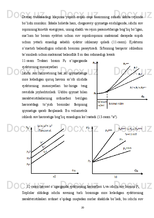 Drenaj   trubkasidagi   klapinni   yopish   orqali   orqa   bosimning   oshishi   ikkita   rejimda
bo’lishi mumkin: Ikkala holatda ham, chegaraviy qiymatga erishilganda, ishchi suv
oqimining kinetik energiyasi, uning shakli va rejim parametrlariga bog’liq bo’lgan,
ma’lum   bir   bosim   ejektori   uchun   suv   oqimlioqimini   maksimal   darajada   siqish
uchun   yetarli   emasligi   sababli   ejektor   ishlamay   qoladi   (11-rasm).   Ejektorni
o’rnatish   balandligini   oshirish   bosimni   pasaytiradi.   Sifonning   barqaror   ishlashini
ta’minlash uchun maksimal balandlik 8 m dan oshmasligi kerak.
11-rasm   Teskari   bosim   P
C   o’zgarganda
ejektorning xususiyatlari 
Ishchi   suv   haroratining   har   xil   qiymatlariga
mos   keladigan   quruq   havoni   so’rib   olishda
ejektorning   xususiyatlari   bir-biriga   teng
ravishda   joylashtiriladi.  Ushbu  qiymat  bilan
xarakteristikalarning   ordinatlari   berilgan
haroratdagi   to’yish   bosimlar   farqining
qiymatiga   qarab   farqlanadi.   Bu   volumetrik
ishlash suv haroratiga bog’liq emasligini ko’rsatadi (13-rasm "a").
12-rasm-harorat o’zgarganda ejektorning haroratlari t
i  va ishchi suv bosimi P
i
Soplolar   oldidagi   ishchi   suvning   turli   bosimiga   mos   keladigan   ejektorning
xarakteristikalari  ordinat   o’qidagi   nuqtadan   nurlar  shaklida   bo’ladi,  bu  ish chi   suv
                                                                             
20 