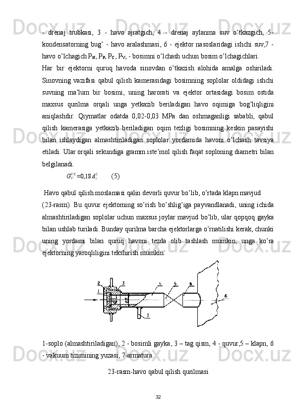 -   drenaj   trubkasi,   3   -   havo   ajratgich,   4   -   drenaj   aylanma   suv   o’tkazgich,   5-
kondensatorning  bug’   -  havo aralashmasi,   6 -  ejektor   nasoslaridagi  ishchi  suv,7  -
havo o’lchagich P
N , P
P , P
C , P
V , - bosimni o’lchash uchun bosim o’lchagichlari.
Har   bir   ejektorni   quruq   havoda   sinovdan   o’tkazish   alohida   amalga   oshiriladi.
Sinovning   vazifasi   qabul   qilish   kamerasidagi   bosimning   soplolar   oldidagi   ishchi
suvning   ma’lum   bir   bosimi,   uning   harorati   va   ejektor   ortasidagi   bosim   ostida
maxsus   qurilma   orqali   unga   yetkazib   beriladigan   havo   oqimiga   bog’liqligini
aniqlashdir.   Qiymatlar   odatda   0,02-0,03   MPa   dan   oshmaganligi   sababli,   qabul
qilish   kamerasiga   yetkazib   beriladigan   oqim   tezligi   bosimning   keskin   pasayishi
bilan   ishlaydigan   almashtiriladigan   soplolar   yordamida   havoni   o’lchash   tavsiya
etiladi. Ular orqali sekundiga gramm iste’mol qilish faqat soploning diametri bilan
belgilanadi.
              GVVX	=0,18	dc2         (5)
  Havo qabul qilish moslamasi qalin devorli quvur bo’lib, o’rtada klapn mavjud 
(23-rasm). Bu quvur  ejektorning so’rish bo’shlig’iga payvandlanadi,  uning ichida
almashtiriladigan soplolar uchun maxsus joylar mavjud bo’lib, ular qopqoq gayka
bilan ushlab turiladi. Bunday qurilma barcha ejektorlarga o’rnatilishi kerak, chunki
uning   yordami   bilan   quruq   havoni   tezda   olib   tashlash   mumkin,   unga   ko’ra
ejektorning yaroqliligini tekshirish mumkin.
1-soplo (almashtiriladigan), 2 - bosimli gayka, 3 – tag qism, 4 - quvur,5 – klapn, 6
- vakuum tizimining yuzasi, 7-armatura.       
23-rasm-havo qabul qilish qurilmasi
                                                                             
32 