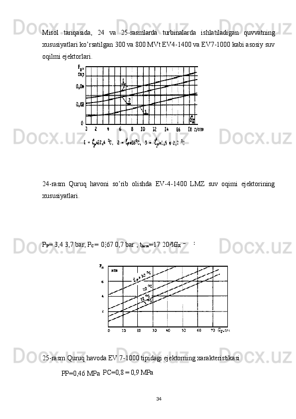 Misol   tariqasida,   24   va   25-rasmlarda   turbinalarda   ishlatiladigan   quvvatning
xususiyatlari ko’rsatilgan 300 va 800 MVt EV4-1400 va EV7-1000 kabi asosiy suv
oqilmi ejektorlari.
24-rasm   Quruq   havoni   so’rib   olishda   EV-4-1400   LMZ   suv   oqimi   ejektorining
xususiyatlari.
P
P =   3,4 3,7   bar, P
C =   0,67 0,7   bar , t
havo =17 20   ° С .
25-rasm Quruq havoda EV 7-1000 tipidagi ejektorning xarakteristikasi
            PP=0,46 MPa 
 PC=0,8 = 0,9 MPa
                                                                             
34 