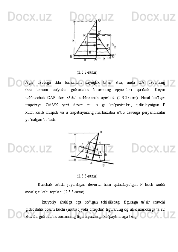                                      
                                                 (2.3.2-rasm)
Agar   devorga   ikki   tomondan   suyuqlik   ta’sir   etsa,   unda   OA   devorning
ikki   tomoni   bo'yicha   gidrostatik   bosimning   epyuralari   quriladi.   Keyin
uchburchak   OAB   dan     uchburchak   ayiriladi   (2.3.2-rasm).   Hosil   bo’lgan
trapetsiya   OAMK   yuzi   devor   eni   b   ga   ko’paytirilsa,   qidirilayotgan   P
kuch   kelib   chiqadi   va   u   trapetsiyaning   markazidan   o’tib   devorga   perpendikular
yo’nalgan bo’ladi.
                                      
                                                 (2.3.3-rasm)
          Burchak   ostida   joylashgan   devorda   ham   qidiralayotgan   F   kuch   xuddi
avvalgisi kabi topiladi (2.3.3-rasm).
          Ixtiyoriy   shaklga   ega   bo lgan   tekislikdagi   figuraga   ta’sir   etuvchi‟
gidrostatik bosim kuchi (mutlaq yoki ortiqcha) figuraning og’irlik markaziga ta’sir
etuvchi gidrostatik bosirnning figura yuzasiga ko’paytmasiga teng. 