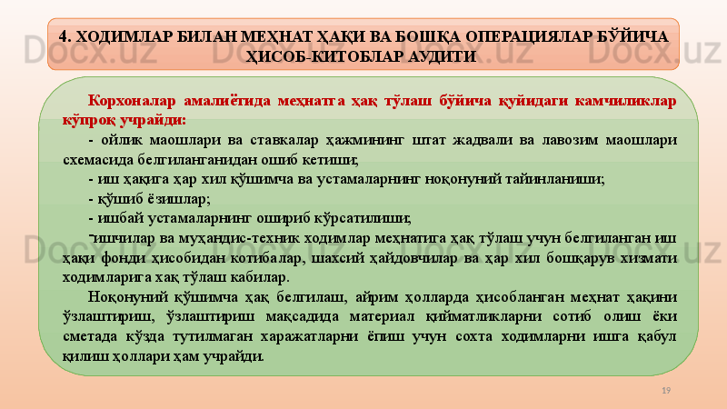 194.  ХОДИМЛАР БИЛАН МЕҲНАТ ҲАҚИ ВА БОШҚА  ОПЕРАЦИЯ ЛАР БЎЙИЧА  
ҲИСОБ-КИТОБЛАР  АУДИТИ  
Корхоналар  амалиётида  меҳнатга  ҳақ  тўлаш  бўйича  қуйидаги  камчиликлар 
кўпроқ учрайди: 
-  ойлик  маошлари  ва  ставкалар  ҳажмининг  штат  жадвали  ва  лавозим  маошлари 
схемасида белгиланганидан ошиб кетиши; 
-  иш ҳақига ҳар хил қўшимча ва устамаларнинг ноқонуний тайинланиши; 
-  қўшиб ёзишлар; 
-  ишбай  устама ларнинг ошириб кўрсатилиши; 
-
ишчилар ва муҳандис-техник ходимлар меҳнатига ҳақ тўлаш учун белгиланган иш 
ҳақи  фонди  ҳисобидан  котибалар,  шахсий  ҳайдовчилар  ва  ҳар  хил  бошқарув  хизмати 
ходимларига хақ тўлаш кабилар. 
Ноқонуний  қўшимча  ҳақ  белгилаш,  айрим  ҳолларда  ҳисобланган  меҳнат  ҳақини 
ўзлаштириш,  ўзлаштириш  мақсадида  материал  қийматликларни  сотиб  олиш  ёки 
сметада  кўзда  тутилмаган  харажатларни  ёпиш  учун  сохта  ходимларни  ишга  қабул 
қилиш ҳоллари ҳам учрайди.