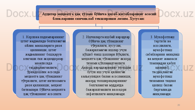 20Аудитор меҳнатга ҳақ тўлаш бўйича ҳисоб-китобларнинг асосий 
блокларини синчиклаб текшириши лозим. Хусусан: 
1.   Корхона ходимларининг 
штат жадвалида белгиланган 
ойлик маошларига риоя 
қилиниши; штат 
жадвалининг бошқарув 
кенгаши ёки ак ц иядорлар 
мажлисида 
тасдиқланганлиги; 
ўриндошлик асосида 
меҳнатга ҳақ тўлашнинг 
тўғрилиги; штат интизомига 
риоя қилиниши; меҳнат 
битимлари бўйича меҳнатга 
ҳақ тўлашнинг асослиги.  2.   Ишчиларга ишбай нарядлар 
бўйича ҳақ тўлашнинг 
тўғрилиги, хусусан, 
бажарилмаган ишлар учун 
қўшиб ёзиш ҳоллари йўқлиги, 
меҳнатга ҳақ тўлашнинг аккорд 
тизими қўлланилганлиги. 
Аккорд нарядларининг тегишли 
бутун иш учун қилинган 
кал ь куля ц ия билан асосланиши, 
аккорд топшириқларининг 
белгиланган муддатда 
бажарилганлиги ва юқори 
сифатлилиги аниқланади.  3.   Мукофотлаш 
тартиби ва 
асослилиги, 
мукофотлаш 
сабабларини аниқлаш 
ва меҳнат жамоаси 
томонидан қабул 
қилиниб, 
тасдиқланган 
мукофотлаш 
тизимини таҳлил 
қилиш билан 
биргаликда 
аниқланади.