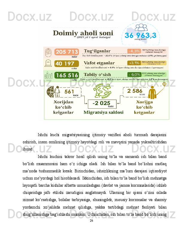 Ishchi   kuchi   migratsiyasining   ijtimoiy   vazifasi   aholi   turmush   darajasini
oshirish, inson omilining ijtimoiy hayotdagi roli va mavqeini yanada yuksaltirishdan
iborat
Ishchi   kuchini   takror   hosil   qilish   uning   to‘la   va   samarali   ish   bilan   band
bo‘lish   muammosini   ham   o‘z   ichiga   oladi.   Ish   bilan   to‘la   band   bo‘lishni   mutlaq
ma’noda   tushunmaslik   kerak.   Birinchidan,   ishsizlikning   ma’lum   darajasi   iqtisodiyot
uchun me’yordagi hol hisoblanadi. Ikkinchidan, ish bilan to‘la band bo‘lish mehnatga
layoqatli barcha kishilar albatta umumlashgan (davlat va jamoa korxonalarida) ishlab
chiqarishga   jalb   etilishi   zarurligini   anglatmaydi.   Ularning   bir   qismi   o‘zini   oilada
xizmat   ko‘rsatishga,   bolalar   tarbiyasiga,   shuningdek,   xususiy   korxonalar   va   shaxsiy
yordamchi   xo‘jalikda   mehnat   qilishga,   yakka   tartibdagi   mehnat   faoliyati   bilan
shug‘ullanishga bag‘ishlashi mumkin. Uchinchidan, ish bilan to‘la band bo‘lish uning
24 