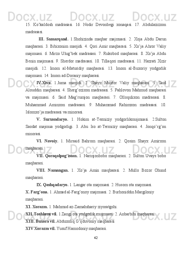 15.   Ko’kaldosh   madrasasi.   16.   Nodir   Devonbegi   xonaqasi.   17.   Abdulazizxon
madrasasi.
  III.   Samarqand.   1.Shohizinda   maqbar   majmuasi.   2.   Xoja   Abdu   Darun
maqbarasi.   3.   Bibixonim   masjidi.   4.   Qori   Amir   maqbarasi.   5.   Xo’ja   Ahror   Valiy
majmuasi.   6.   Mirzo   Ulug’bek   madrasasi.   7.   Rukobod   maqbarasi.   8.   Xo’ja   Abdu
Benin majmuasi. 9. Sherdor  madrasasi. 10. Tillaqori madrasasi.  11. Hazrati  Xizir
masjidi.   12.   Imom   al-Maturidiy   maqbarasi.   13.   Imom   al-Buxoriy   yodgorlik
majmuasi. 14. Imom ad-Doraniy maqbarasi.
IV.Xiva.   1.Juma   masjidi.   2.   Shayx   Muxtor   Valiy   maqbarasi.   3.   Said
Alouddin maqbarasi. 4. Sherg’ozixon madrasasi. 5. Pahlovon Mahmud maqbarasi
va   majmuasi.   6.   Said   Mag’rumjon   maqbarasi.   7.   Olloqulixon   madrasasi.   8.
Muhammad   Aminxon   madrasasi.   9.   Muhammad   Rahimxon   madrasasi.   10.
Islomxo’ja madrasasi va minorasi.
V.   Surxondaryo.   1.   Hokim   at-Termiziy   yodgorlikmujmuasi.   2.Sulton
Saodat   majmua   yodgorligi.   3.   Abu   Iso   at-Termiziy   maqbarasi.   4.   Jonqo’rg’on
minorasi.
VI.   Navoiy.   1.   Mirsaid   Bahrom   maqbarasi.   2.   Qosim   Shayx   Amirxon
maqbarasi.
VII. Qoraqolpog’iston.   1. Narinjonbobo maqbarasi. 2. Sulton Uvays bobo
maqbarasi.
VIII.   Namangan.   1.   Xo’ja   Amin   maqbarasi.   2.   Mullo   Bozor   Ohund
maqbarasi.
IX. Qashqadaryo.  1. Langar ota majmuasi. 2. Husom ota majmuasi. 
X. Farg’ona.  1. Ahmad al-Farg’onoy majmuasi. 2. Burhoniddin Margiloniy 
maqbarasi.
XI. Xorazm.  1. Mahmud az-Zamahshariy ziyoratgohi.
XII. Toshkent vil.  1.Zangi ota yodgorlik mujmuasi. 2. Anbarbibi maqbarasi. 
XIII. Buxora vil.  Abduxoliq G’ijduvoniy maqbarasi
XIV Xorazm vil.  Yusuf Hamodoniy maqbarasi.
42 
