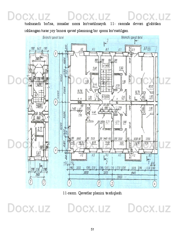 tushunarli   bо'lsa,   xonalar   nomi   ko'rsatilmaydi.   1 1 -   rasmda   devori   g'ishtdan
ishlangan turar joy binosi qavat planining bir qismi ko'rsatilgan. 
11-rasm. Qavatlar planini tasdiqlash.
51 