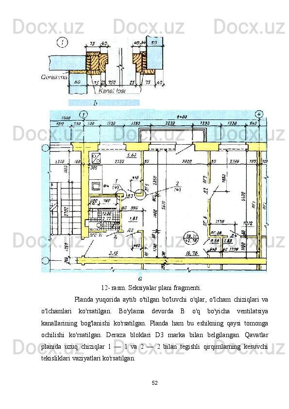                                    1 2- rasm. Seksiyalar plani fragmenti. 
                        Planda   yuqorida   aytib   о'tilgan   bо'luvchi   о'qlar,   о'lcham   chiziqlari   va
о'lchamlari   ko'rsatilgan.   Во'ylama   devorda   В   о'q   bо'yicha   ventilatsiya
kanallarining   bog'lanishi   ko'rsatilgan.   Planda   ham   bu   eshikning   qaysi   tomonga
ochilishi   ko'rsatilgan.   Deraza   bloklari   D3   marka   bilan   belgilangan.   Qavatlar
planida   uzuq   chiziqlar   1   —   1   va   2   —   2   bilan   tegishli   qirqimlarning   kesuvchi
tekisliklari vaziyatlari ko'rsatilgan.
52 