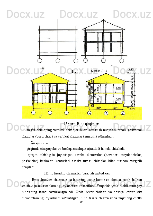 18-rasm. Bino qirqimlari.
—   to'g'ri   chiziqning   vertikal   chiziqlar   bilan   kesishish   nuqtalari   orqali   gorizontal
chiziqlar (bosqichlar) va vertikal chiziqlar (zinaosti)  о 'tkaziladi; 
          Qirqim 1-1. 
— qirqimda zinapoyalar va boshqa mashqlar ajratiladi hamda chiziladi; 
—   qirqim   tekisligida   joylashgan   barcha   elementlar   (devorlar,   maydonchalar,
pog'onalar)   kesimlari   konturlari   asosiy   tutash   chiziqlar   bilan   ustidan   yurgizib
chiqiladi. 
                        3.Bino fasadini chizmalari bajarish metodikasi. 
           Bino fasadlari chizmalarida binoning tashqi ko'rinishi, deraza, eshik, balkon
va  shunga   о 'xshashlarning   joylashishi   k о 'rsatiladi.  Yuqorida  yirik  blokli  turar  joy
binosining   fasadi   tasvirlangan   edi.   Unda   devor   bloklari   va   boshqa   konstruktiv
elementlarning joylashishi  ko'rsatilgan.  Bino fasadi  chizmalarida  faqat  eng  chetki
60 