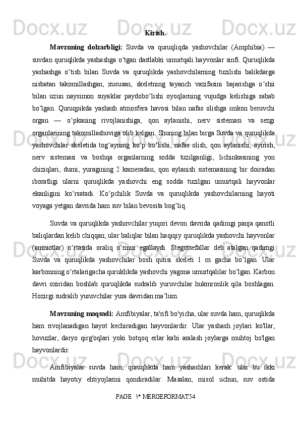 Kirish.
Mavzuning   dolzarbli gi:   Suvda   va   quruqliqda   yashovchilar   (Amphibia)   —
suvdan quruqlikda yashashga o tgan dastlabki umurtqali hayvonlar sinfi. Quruqlikdaʻ
yashashga   o tish   bilan   Suvda   va   quruqlikda   yashovchilarning   tuzilishi   balikdarga	
ʻ
nisbatan   takomillashgan,   xususan,   skeletning   tayanch   vazifasini   bajarishga   o shii	
ʻ
bilan   uzun   naysimon   suyaklar   paydobo lishi   oyoqlarning   vujudga   kelishiga   sabab	
ʻ
bo lgan.   Quruqpikda   yashash   atmosfera   havosi   bilan   nafas   olishga   imkon   beruvchi	
ʻ
organ   —   o pkaning   rivojlanishiga,   qon   aylanishi,   nerv   sistemasi   va   sezgi	
ʻ
organlarining takomillashuviga olib kelgan. Shuning bilan birga Suvda va quruqlikda
yashovchilar   skeletida   tog ayning   ko p   bo lishi,   nafas   olish,   qon   aylanishi,   ayirish,	
ʻ ʻ ʻ
nerv   sistemasi   va   boshqa   organlarning   sodda   tuzilganligi,   lichinkasining   yon
chiziqlari,   dumi,   yuragining   2   kameradan,   qon   aylanish   sistemasining   bir   doiradan
iboratligi   ularni   quruqlikda   yashovchi   eng   sodda   tuzilgan   umurtqali   hayvonlar
ekanligini   ko rsatadi.   Ko pchilik   Suvda   va   quruqlikda   yashovchilarning   hayoti	
ʻ ʻ
voyaga yetgan davrida ham suv bilan bevosita bog liq.	
ʻ
Suvda va quruqlikda yashovchilar yuqori devon davrida qadimgi panja qanotli
baliqlardan kelib chiqqan; ular baliqlar bilan haqiqiy quruqlikda yashovchi hayvonlar
(amniotlar)   o rtasida   oraliq   o rinni   egallaydi.   Stegotsefallar   deb   atalgan   qadimgi	
ʻ ʻ
Suvda   va   quruqlikda   yashovchilar   bosh   qutisi   skeleti   1   m   gacha   bo lgan.   Ular	
ʻ
karbonning o rtalarigacha quruklikda yashovchi yagona umurtqalilar bo lgan. Karbon	
ʻ ʻ
davri   oxiridan   boshlab   quruqlikda   sudralib   yuruvchilar   hukmronlik   qila   boshlagan.
Hozirgi sudralib yuruvchilar yura davridan ma lum. 	
ʼ
Mavzuning maqsadi:   Amfibiyalar, ta'rifi bo'yicha, ular suvda ham, quruqlikda
ham   rivojlanadigan   hayot   kechiradigan   hayvonlardir.   Ular   yashash   joylari   ko'llar,
hovuzlar,   daryo   qirg'oqlari   yoki   botqoq   erlar   kabi   aralash   joylarga   muhtoj   bo'lgan
hayvonlardir.
Amfibiyalar   suvda   ham,   quruqlikda   ham   yashashlari   kerak:   ular   bu   ikki
muhitda   hayotiy   ehtiyojlarini   qondiradilar.   Masalan;   misol   uchun,   suv   ostida
PAGE   \* MERGEFORMAT54 