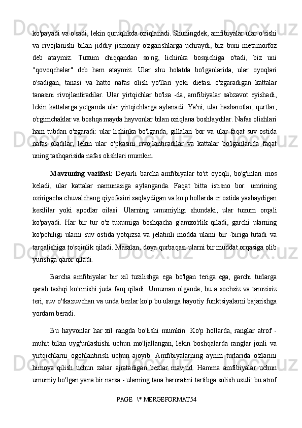 ko'payadi va o'sadi, lekin quruqlikda oziqlanadi. Shuningdek, amfibiyalar ular o'sishi
va   rivojlanishi   bilan   jiddiy   jismoniy   o'zgarishlarga   uchraydi,   biz   buni   metamorfoz
deb   ataymiz.   Tuxum   chiqqandan   so'ng,   lichinka   bosqichiga   o'tadi,   biz   uni
"qovoqchalar"   deb   ham   ataymiz.   Ular   shu   holatda   bo'lganlarida,   ular   oyoqlari
o'sadigan,   tanasi   va   hatto   nafas   olish   yo'llari   yoki   dietasi   o'zgaradigan   kattalar
tanasini   rivojlantiradilar.   Ular   yirtqichlar   bo'lsa   -da,   amfibiyalar   sabzavot   eyishadi,
lekin kattalarga yetganda ular yirtqichlarga aylanadi. Ya'ni, ular hasharotlar, qurtlar,
o'rgimchaklar va boshqa mayda hayvonlar bilan oziqlana boshlaydilar. Nafas olishlari
ham   tubdan   o'zgaradi:   ular   lichinka   bo'lganda,   gillalari   bor   va   ular   faqat   suv   ostida
nafas   oladilar,   lekin   ular   o'pkasini   rivojlantiradilar   va   kattalar   bo'lganlarida   faqat
uning tashqarisida nafas olishlari mumkin.
Mavzuning   vazifasi:   Deyarli   barcha   amfibiyalar   to'rt   oyoqli,   bo'g'inlari   mos
keladi,   ular   kattalar   namunasiga   aylanganda.   Faqat   bitta   istisno   bor:   umrining
oxirigacha chuvalchang qiyofasini saqlaydigan va ko'p hollarda er ostida yashaydigan
kesililar   yoki   apodlar   oilasi.   Ularning   umumiyligi   shundaki,   ular   tuxum   orqali
ko'payadi.   Har   bir   tur   o'z   tuxumiga   boshqacha   g'amxo'rlik   qiladi,   garchi   ularning
ko'pchiligi   ularni   suv   ostida   yotqizsa   va   jelatinli   modda   ularni   bir   -biriga   tutadi   va
tarqalishiga to'sqinlik qiladi. Masalan, doya qurbaqasi ularni bir muddat orqasiga olib
yurishga qaror qiladi.  
Barcha   amfibiyalar   bir   xil   tuzilishga   ega   bo'lgan   teriga   ega,   garchi   turlarga
qarab  tashqi   ko'rinishi   juda  farq  qiladi.   Umuman  olganda,   bu  a   sochsiz   va   tarozisiz
teri, suv o'tkazuvchan va unda bezlar ko'p bu ularga hayotiy funktsiyalarni bajarishga
yordam beradi.
Bu   hayvonlar   har   xil   rangda   bo'lishi   mumkin.   Ko'p   hollarda,   ranglar   atrof   -
muhit   bilan   uyg'unlashishi   uchun   mo'ljallangan,   lekin   boshqalarda   ranglar   jonli   va
yirtqichlarni   ogohlantirish   uchun   ajoyib.   Amfibiyalarning   ayrim   turlarida   o'zlarini
himoya   qilish   uchun   zahar   ajratadigan   bezlar   mavjud.   Hamma   amfibiyalar   uchun
umumiy bo'lgan yana bir narsa - ularning tana haroratini tartibga solish usuli: bu atrof
PAGE   \* MERGEFORMAT54 