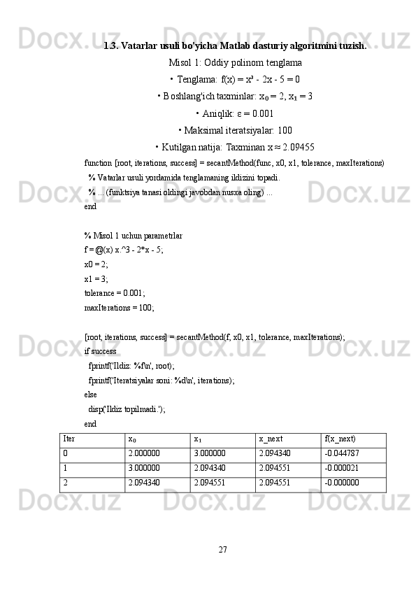 1.3. Vatarlar usuli bo'yicha Matlab dasturiy algoritmini tuzish.
Misol 1: Oddiy polinom tenglama
• Tenglama: f(x) = x³ - 2x - 5 = 0
• Boshlang'ich taxminlar: x  = 2, x  = 3₀ ₁
• Aniqlik: ε = 0.001
• Maksimal iteratsiyalar: 100
• Kutilgan natija: Taxminan x ≈ 2.09455
function [root, iterations, success] = secantMethod(func, x0, x1, tolerance, maxIterations)
  % Vatarlar usuli yordamida tenglamaning ildizini topadi.
  % ... (funktsiya tanasi oldingi javobdan nusxa oling) ...
end
% Misol 1 uchun parametrlar
f = @(x) x.^3 - 2*x - 5;
x0 = 2;
x1 = 3;
tolerance = 0.001;
maxIterations = 100;
[root, iterations, success] = secantMethod(f, x0, x1, tolerance, maxIterations);
if success
  fprintf('Ildiz: %f\n', root);
  fprintf('Iteratsiyalar soni: %d\n', iterations);
else
  disp('Ildiz topilmadi.');
end
Iter x	
₀ x	₁ x_next f(x_next)
0 2.000000 3.000000 2.094340 -0.044787
1 3.000000 2.094340 2.094551 -0.000021
2 2.094340 2.094551 2.094551 -0.000000
27 