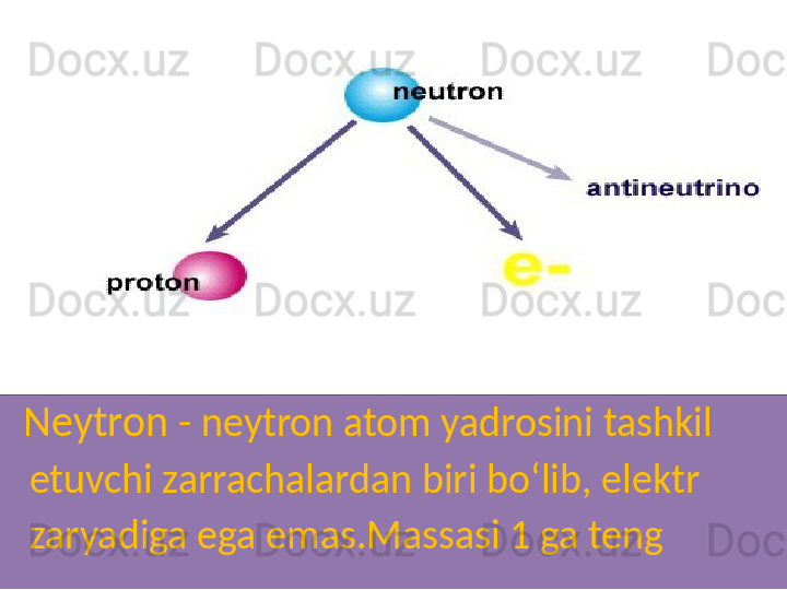 
        Neytron -  neytron atom yadrosini tashkil 
      etuvchi zarrachalardan biri boʻlib, elektr
      zaryadiga ega emas.Massasi 1 ga teng           