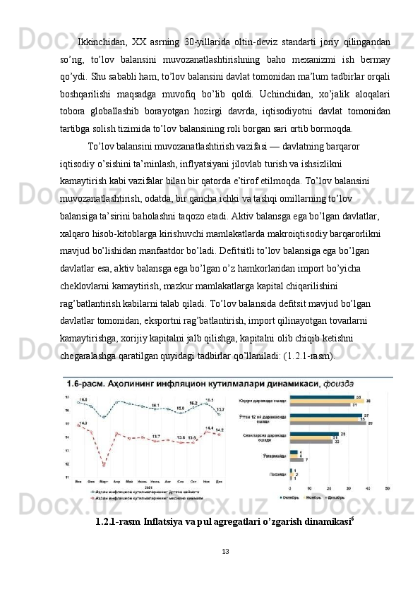         Ikkinchidan,   XX   asrning   30-yillarida   oltin-deviz   standarti   joriy   qilingandan
so’ng,   to’lov   balansini   muvozanatlashtirishning   baho   mexanizmi   ish   bermay
qo’ydi. Shu sababli ham, to’lov balansini davlat tomonidan ma’lum tadbirlar orqali
boshqarilishi   maqsadga   muvofiq   bo’lib   qoldi.   Uchinchidan,   xo’jalik   aloqalari
tobora   globallashib   borayotgan   hozirgi   davrda,   iqtisodiyotni   davlat   tomonidan
tartibga solish tizimida to’lov balansining roli borgan sari ortib bormoqda.  
           To’lov balansini muvozanatlashtirish vazifasi — davlatning barqaror 
iqtisodiy o’sishini ta’minlash, inflyatsiyani jilovlab turish va ishsizlikni 
kamaytirish kabi vazifalar bilan bir qatorda e’tirof etilmoqda. To’lov balansini 
muvozanatlashtirish, odatda, bir qancha ichki va tashqi omillarning to’lov 
balansiga ta’sirini baholashni taqozo etadi. Aktiv balansga ega bo’lgan davlatlar, 
xalqaro hisob-kitoblarga kirishuvchi mamlakatlarda makroiqtisodiy barqarorlikni 
mavjud bo’lishidan manfaatdor bo’ladi. Defitsitli to’lov balansiga ega bo’lgan 
davlatlar esa, aktiv balansga ega bo’lgan o’z hamkorlaridan import bo’yicha 
cheklovlarni kamaytirish, mazkur mamlakatlarga kapital chiqarilishini 
rag’batlantirish kabilarni talab qiladi. To’lov balansida defitsit mavjud bo’lgan 
davlatlar tomonidan, eksportni rag’batlantirish, import qilinayotgan tovarlarni 
kamaytirishga, xorijiy kapitalni jalb qilishga, kapitalni olib chiqib ketishni 
chegaralashga qaratilgan quyidagi tadbirlar qo’llaniladi: (1.2.1-rasm). 
1.2.1-rasm Inflatsiya va pul agregatlari o’zgarish dinamikasi 6
 
        
13  
  