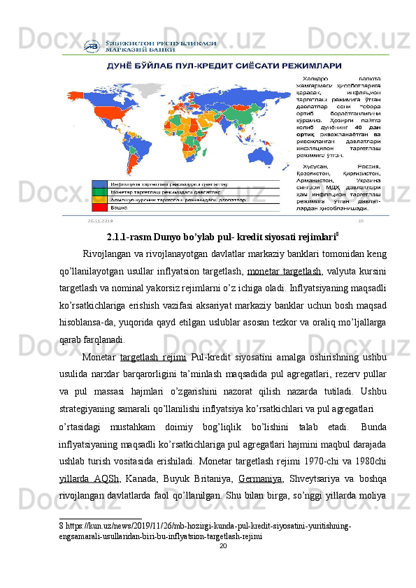 2.1.1-rasm Dunyo bo’ylab pul- kredit siyosati rejimlari 8
 
               Rivojlangan va rivojlanayotgan davlatlar markaziy banklari tomonidan keng
qo’llanilayotgan   usullar   inflyatsion   targetlash,   monetar   targetlash ,   valyuta   kursini
targetlash va nominal yakorsiz rejimlarni o’z ichiga oladi. Inflyatsiyaning maqsadli
ko’rsatkichlariga erishish vazifasi  aksariyat  markaziy banklar uchun bosh maqsad
hisoblansa-da, yuqorida qayd etilgan uslublar asosan tezkor va oraliq mo’ljallarga
qarab farqlanadi. 
          Monetar   targetlash   rejimi   Pul-kredit   siyosatini   amalga   oshirishning   ushbu
usulida   narxlar   barqarorligini   ta’minlash   maqsadida   pul   agregatlari,   rezerv   pullar
va   pul   massasi   hajmlari   o’zgarishini   nazorat   qilish   nazarda   tutiladi.   Ushbu
strategiyaning samarali qo’llanilishi inflyatsiya ko’rsatkichlari va pul agregatlari 
o’rtasidagi  mustahkam  doimiy  bog’liqlik  bo’lishini  talab  etadi.  Bunda 
inflyatsiyaning maqsadli ko’rsatkichlariga pul agregatlari hajmini maqbul darajada
ushlab  turish  vositasida  erishiladi.  Monetar   targetlash  rejimi   1970-chi  va  1980chi
yillarda   AQSh ,   Kanada,   Buyuk   Britaniya,   Germaniya ,   Shveytsariya   va   boshqa
rivojlangan davlatlarda faol  qo’llanilgan. Shu bilan birga, so’nggi yillarda moliya
8  https://kun.uz/news/2019/11/26/mb-hozirgi-kunda-pul-kredit-siyosatini-yuritishning-
engsamarali-usullaridan-biri-bu-inflyatsion-targetlash-rejimi 
20  
  