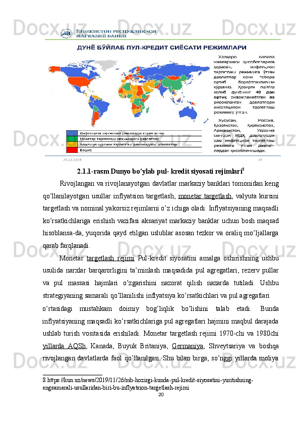 2.1.1-rasm Dunyo bo’ylab pul- kredit siyosati rejimlari 8
 
               Rivojlangan va rivojlanayotgan davlatlar markaziy banklari tomonidan keng
qo’llanilayotgan   usullar   inflyatsion   targetlash,   monetar   targetlash ,   valyuta   kursini
targetlash va nominal yakorsiz rejimlarni o’z ichiga oladi. Inflyatsiyaning maqsadli
ko’rsatkichlariga erishish vazifasi  aksariyat  markaziy banklar uchun bosh maqsad
hisoblansa-da, yuqorida qayd etilgan uslublar asosan tezkor va oraliq mo’ljallarga
qarab farqlanadi. 
          Monetar   targetlash   rejimi   Pul-kredit   siyosatini   amalga   oshirishning   ushbu
usulida   narxlar   barqarorligini   ta’minlash   maqsadida   pul   agregatlari,   rezerv   pullar
va   pul   massasi   hajmlari   o’zgarishini   nazorat   qilish   nazarda   tutiladi.   Ushbu
strategiyaning samarali qo’llanilishi inflyatsiya ko’rsatkichlari va pul agregatlari 
o’rtasidagi  mustahkam  doimiy  bog’liqlik  bo’lishini  talab  etadi.  Bunda 
inflyatsiyaning maqsadli ko’rsatkichlariga pul agregatlari hajmini maqbul darajada
ushlab  turish  vositasida  erishiladi.  Monetar   targetlash  rejimi   1970-chi  va  1980chi
yillarda   AQSh ,   Kanada,   Buyuk   Britaniya,   Germaniya ,   Shveytsariya   va   boshqa
rivojlangan davlatlarda faol  qo’llanilgan. Shu bilan birga, so’nggi yillarda moliya
8  https://kun.uz/news/2019/11/26/mb-hozirgi-kunda-pul-kredit-siyosatini-yuritishning-
engsamarali-usullaridan-biri-bu-inflyatsion-targetlash-rejimi 
20
